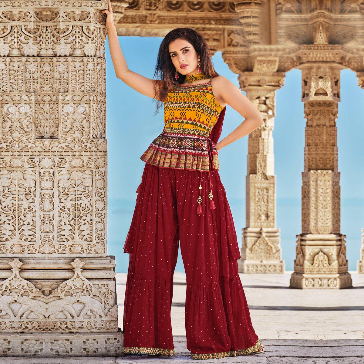 Yellow Partywear Patola Printed Silk Sharara Suit - Image 2