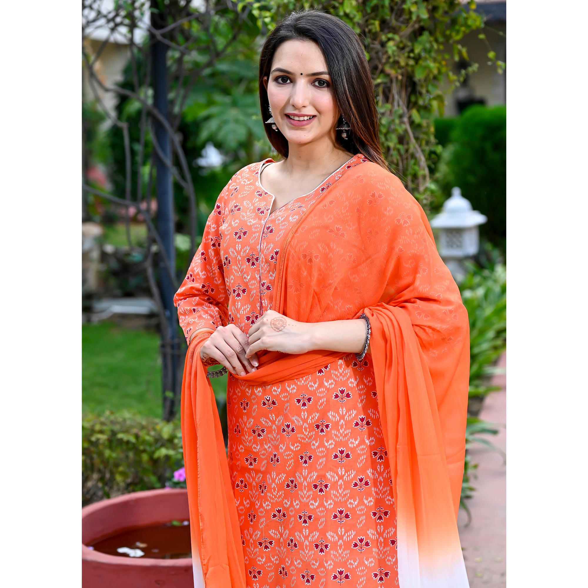Orange Floral Printed Pure Cotton Salwar Suit