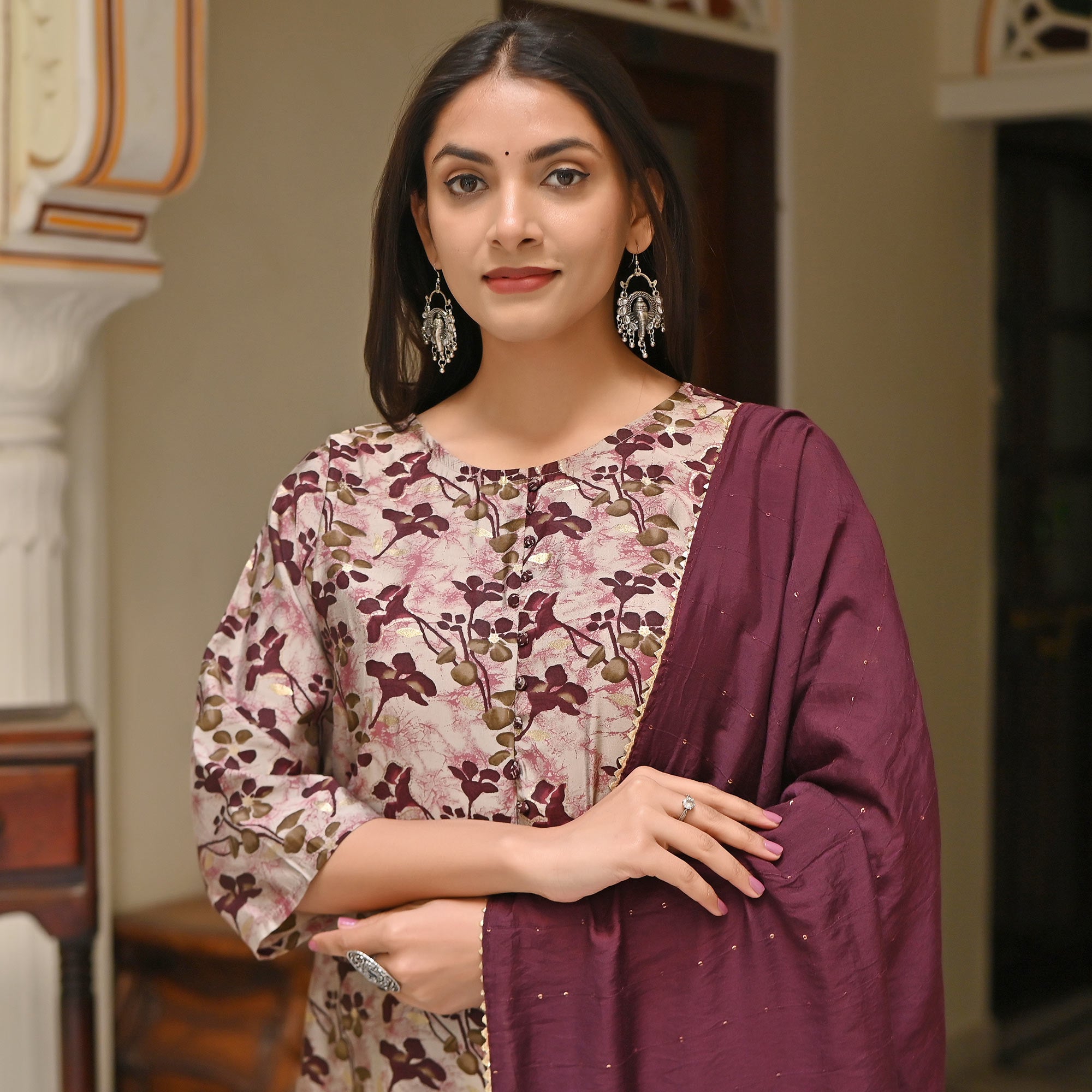 Purple Printed Chanderi Salwar Suit