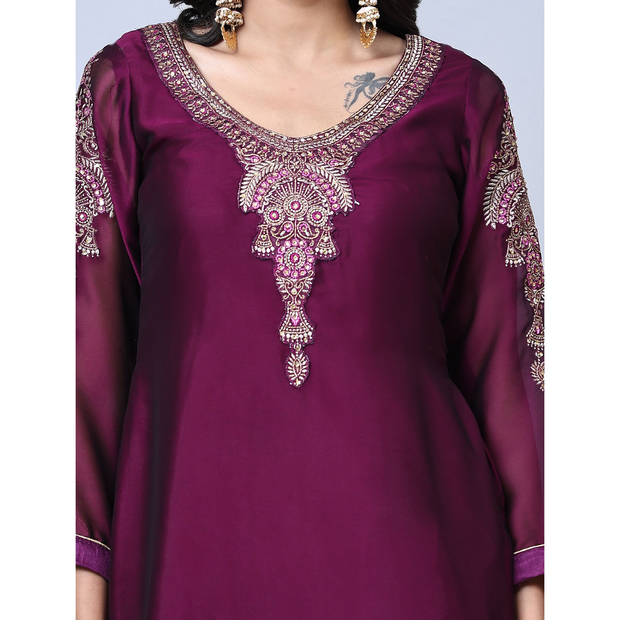 Purple Embroidered Georgette Partywear Suit