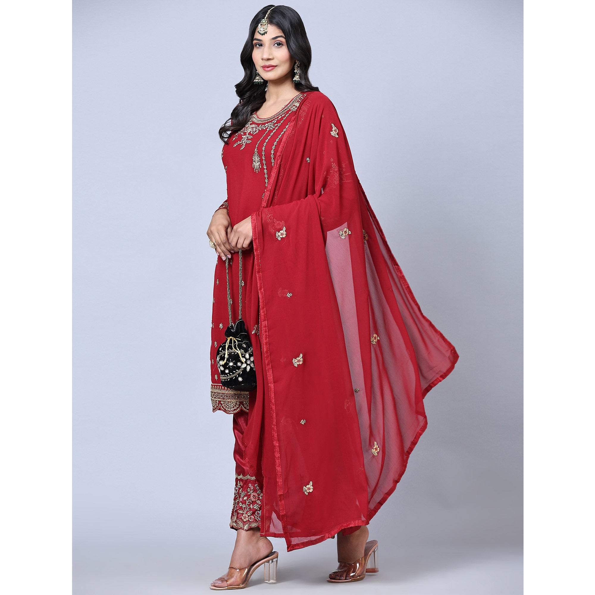 Maroon Embroidered Gerorgette Straight Partywear Suit