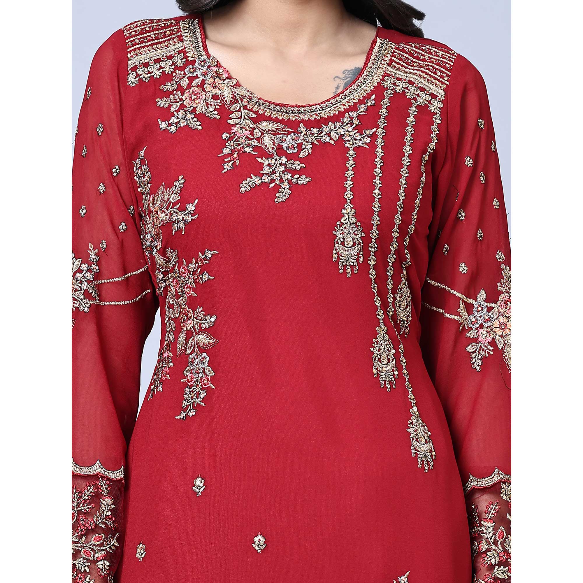 Maroon Embroidered Gerorgette Straight Partywear Suit