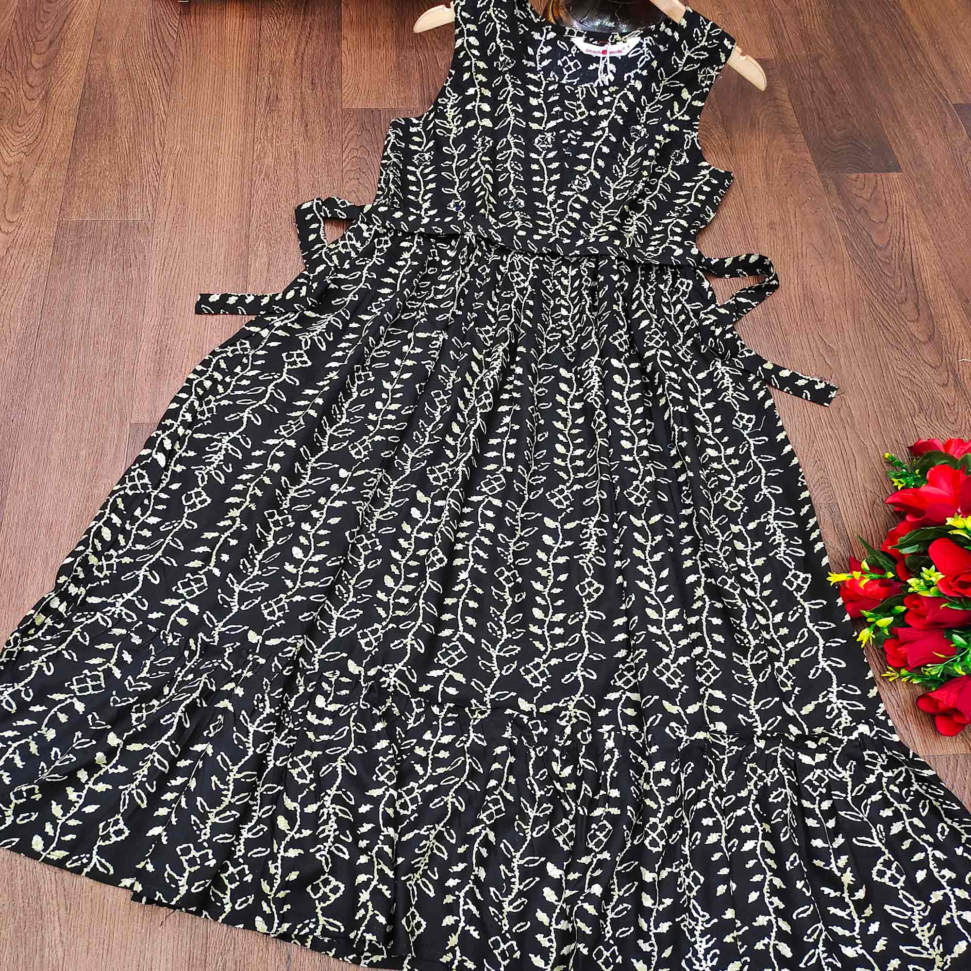 Black Floral Printed Rayon Gown