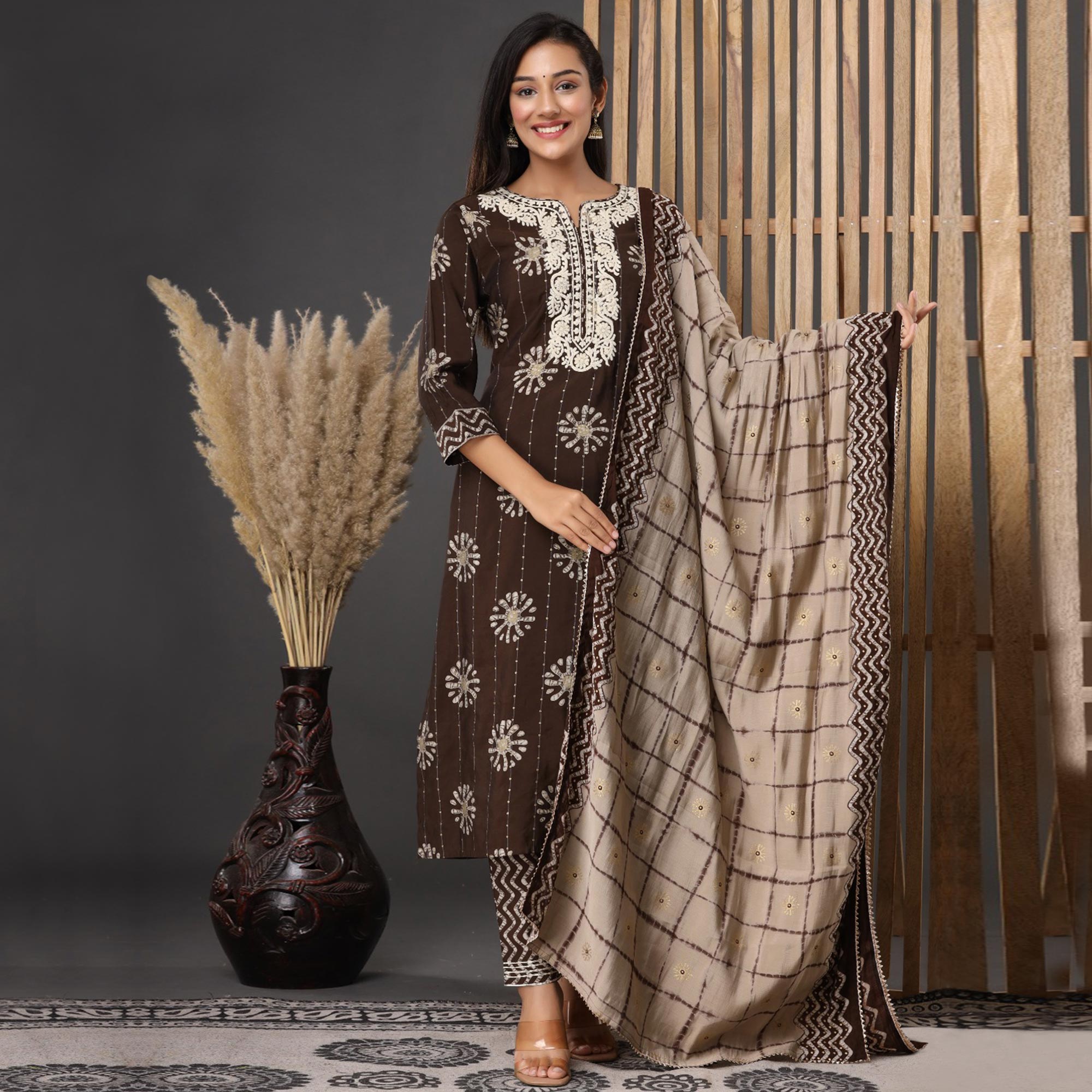 Coffee Printed Muslin Kurti Pant Set With Dupatta