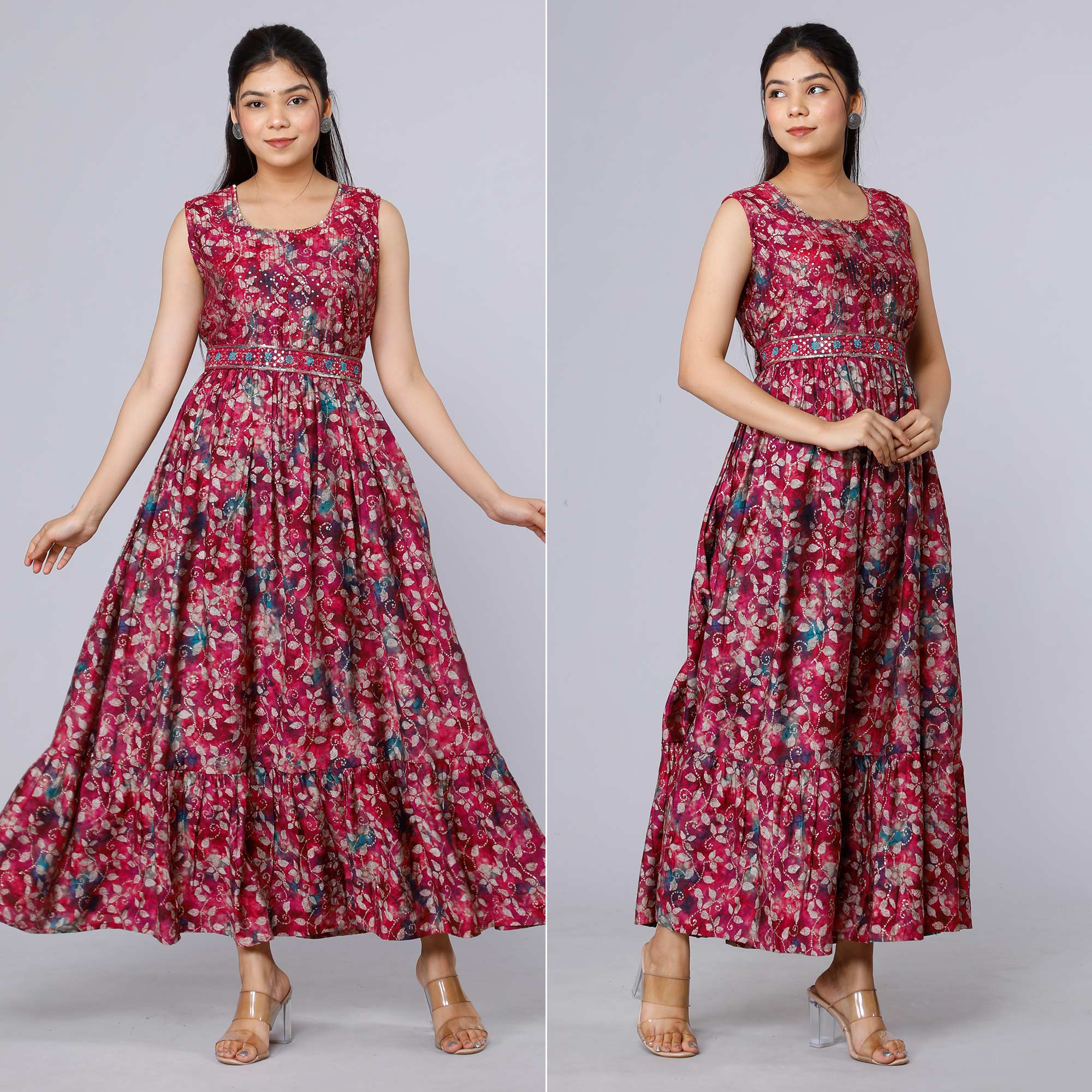 Pink Floral Printed Muslin Gown