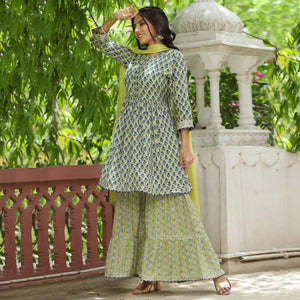Lemon Green Jaipuri Printed And Gota Work Muslin Sharara Suit