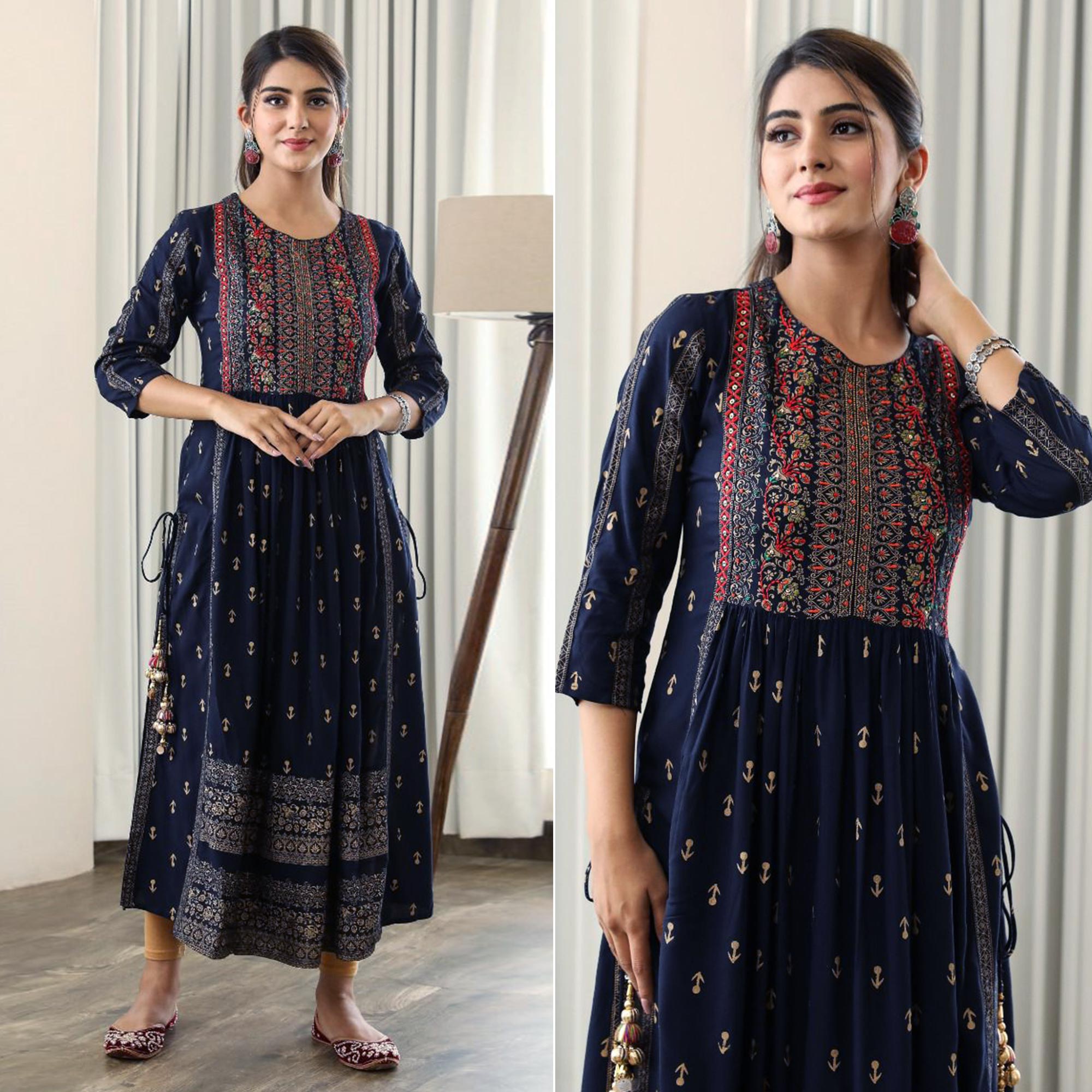 Blue Printed With Embroidered Rayon Naira Cut Kurti