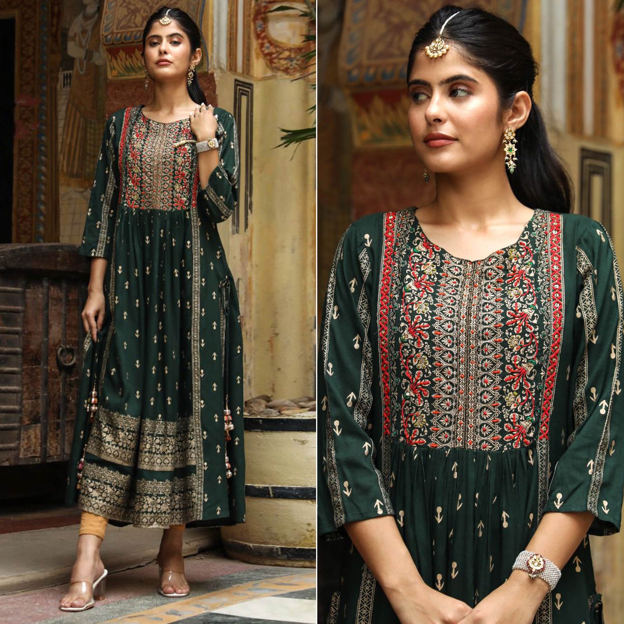 Green Printed With Embroidered Rayon Naira Cut Kurti