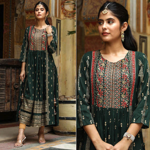 Green Printed With Embroidered Rayon Naira Cut Kurti