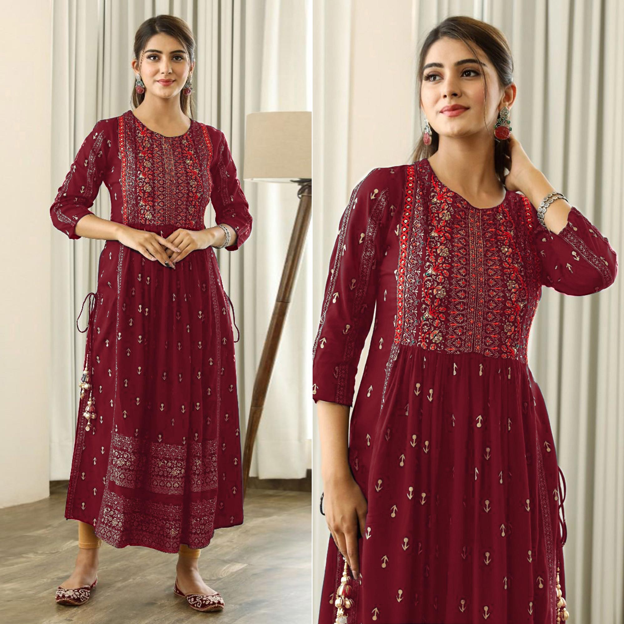Maroon Printed With Embroidered Rayon Naira Cut Kurti