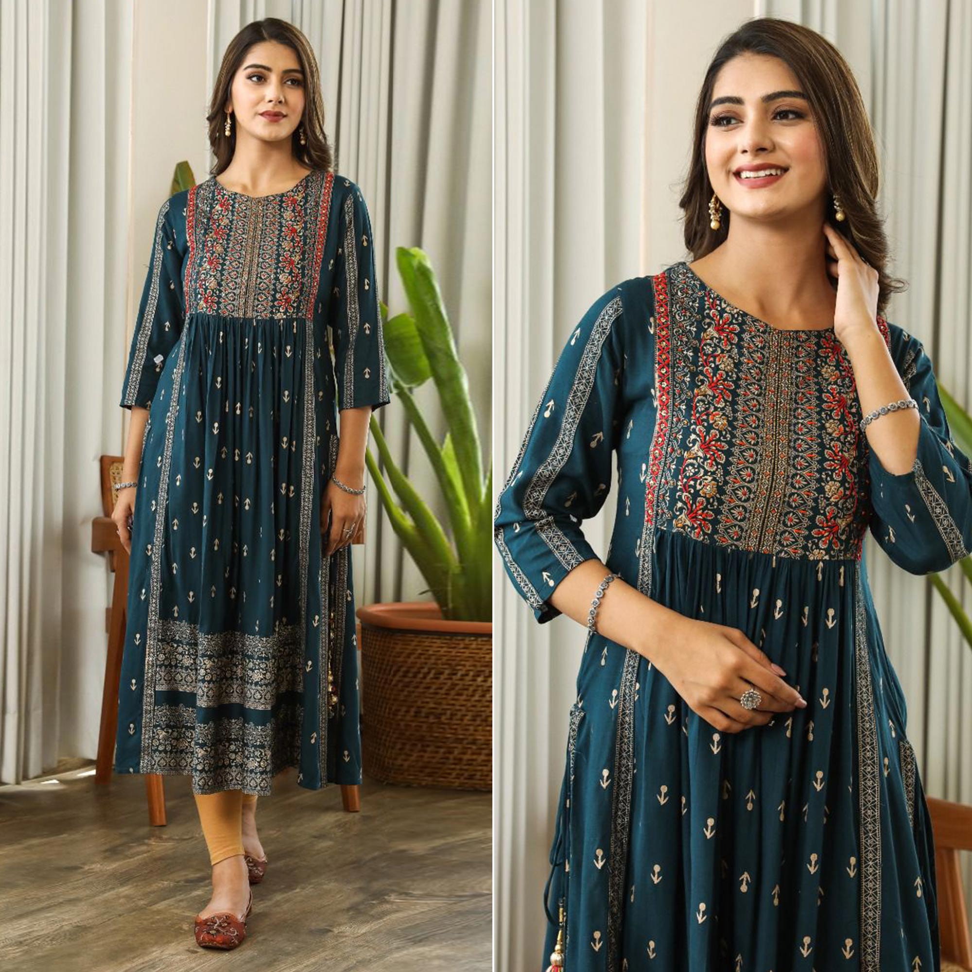 Rama Green Printed With Embroidered Rayon Naira Cut Kurti