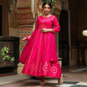 Pink Printed & Embroidered Rayon Anarkali Suit