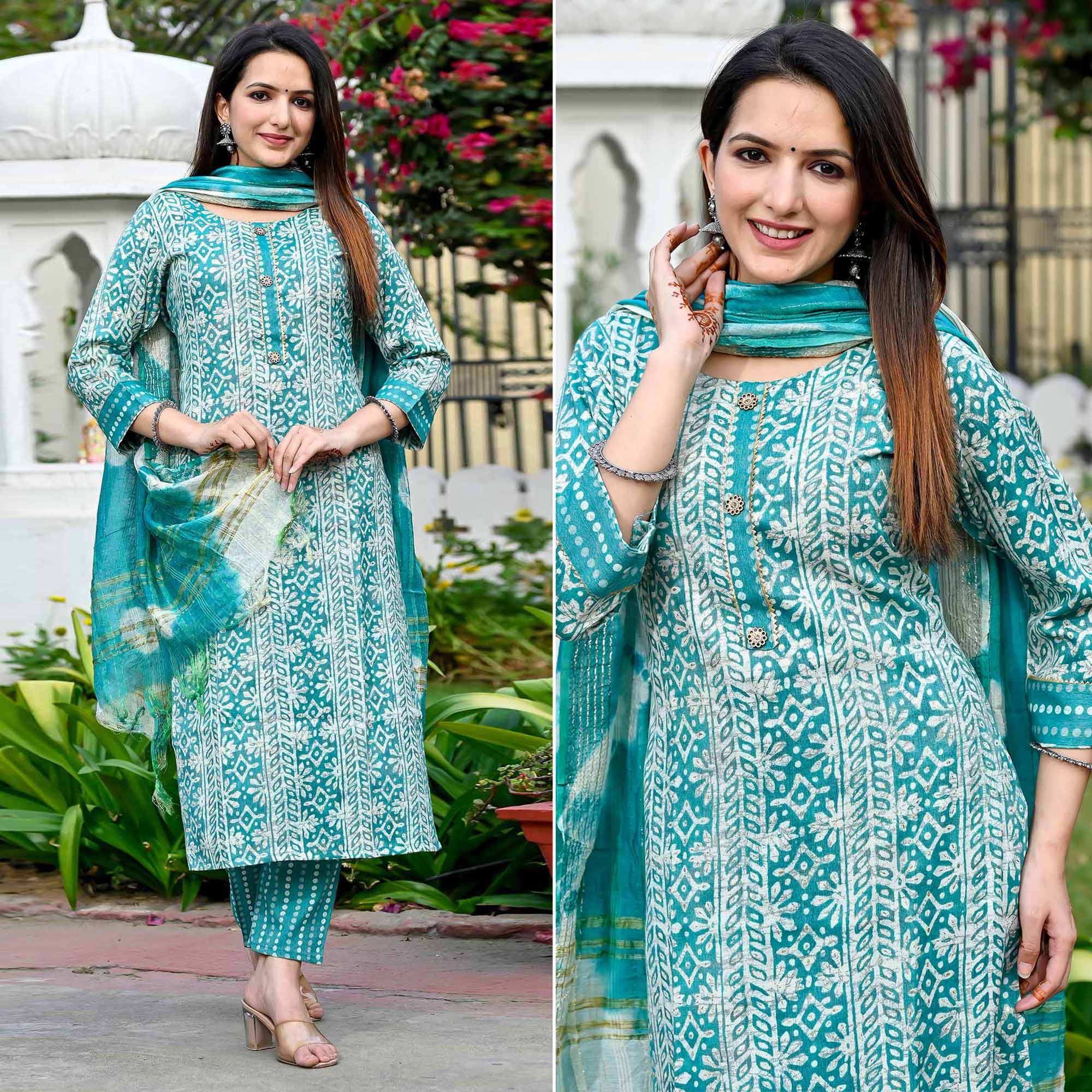 Rama Blue Floral Foil Printed Rayon Suit