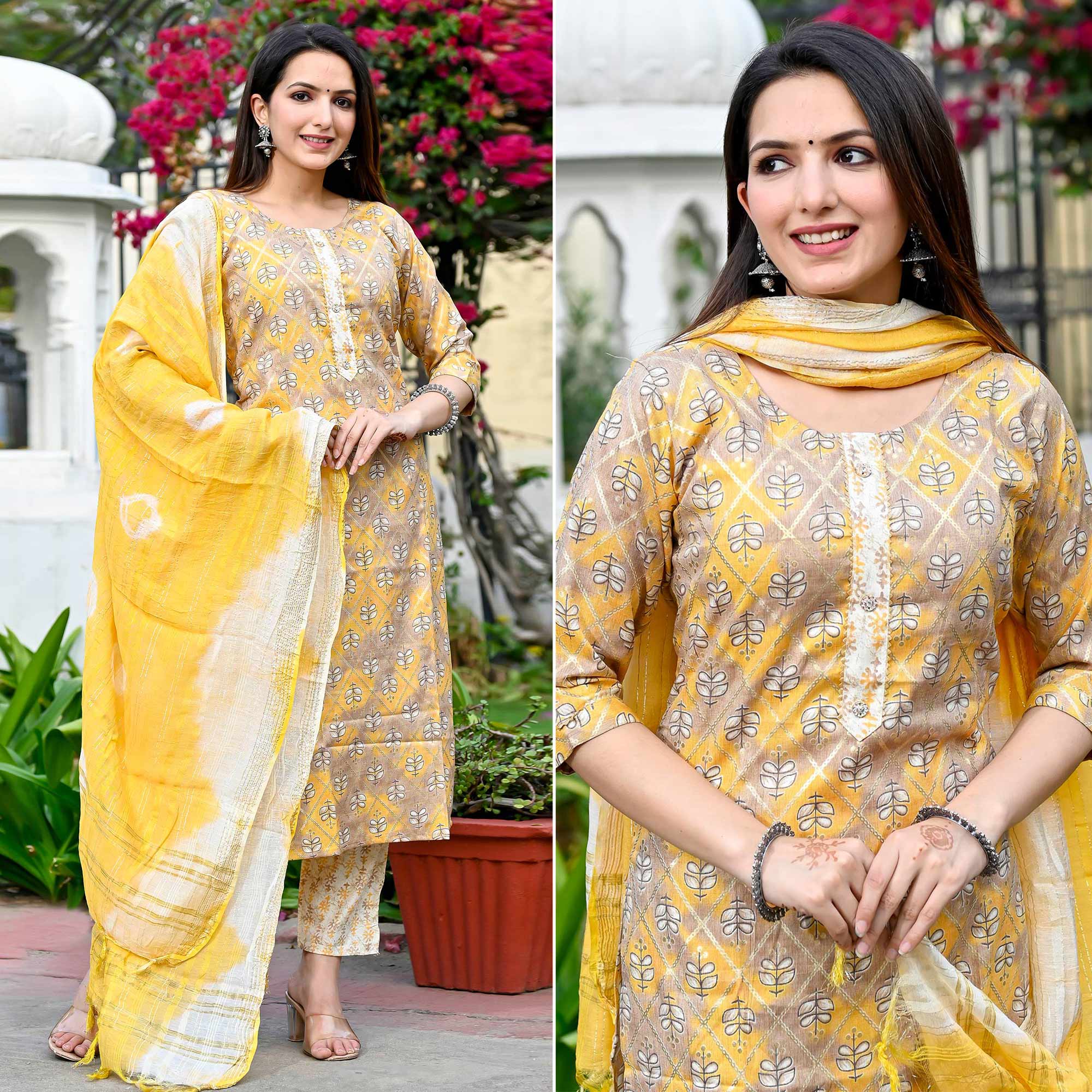 Yellow Floral Foil Printed Rayon Suit