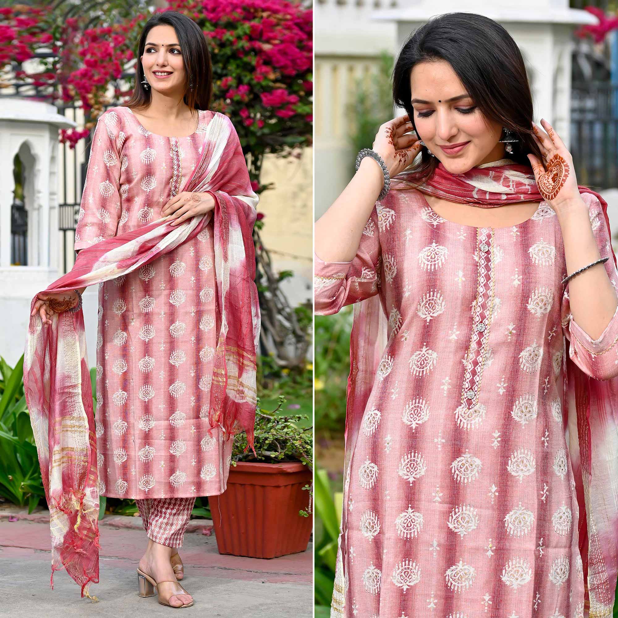 Peach Floral Foil Printed Rayon Suit