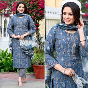 Grey Floral Foil Printed Rayon Suit