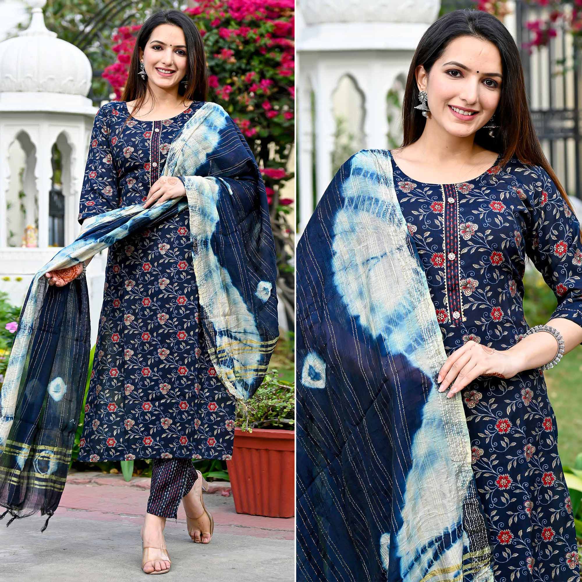 Navy Blue Floral Foil Printed Rayon Suit