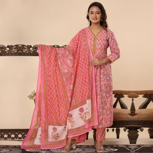 Pink Printed With Gota Work Pure Cotton Naira Cut Suit