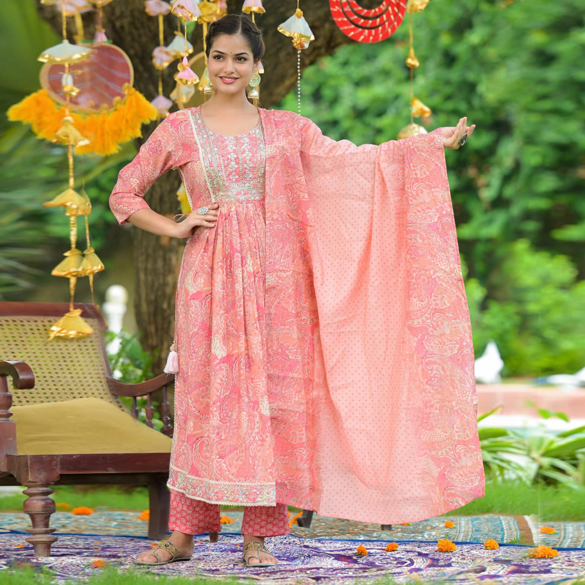 Pink Printed With Embellished Chanderi Anarkali Suit