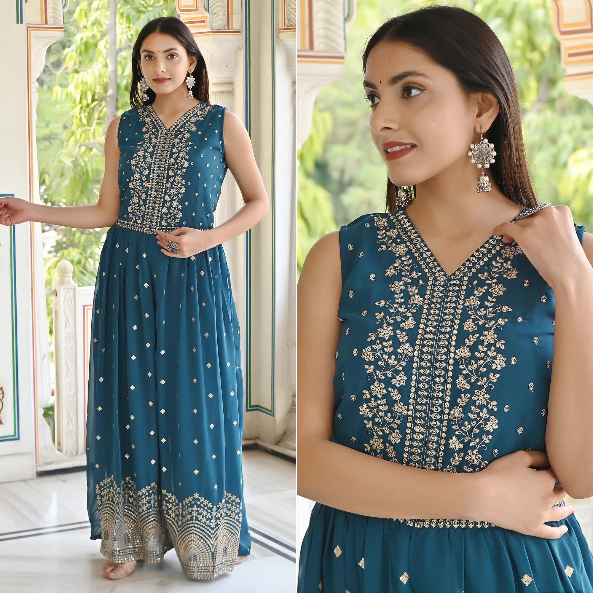 Blue Sequins Embroidered Georgette Jumpsuit