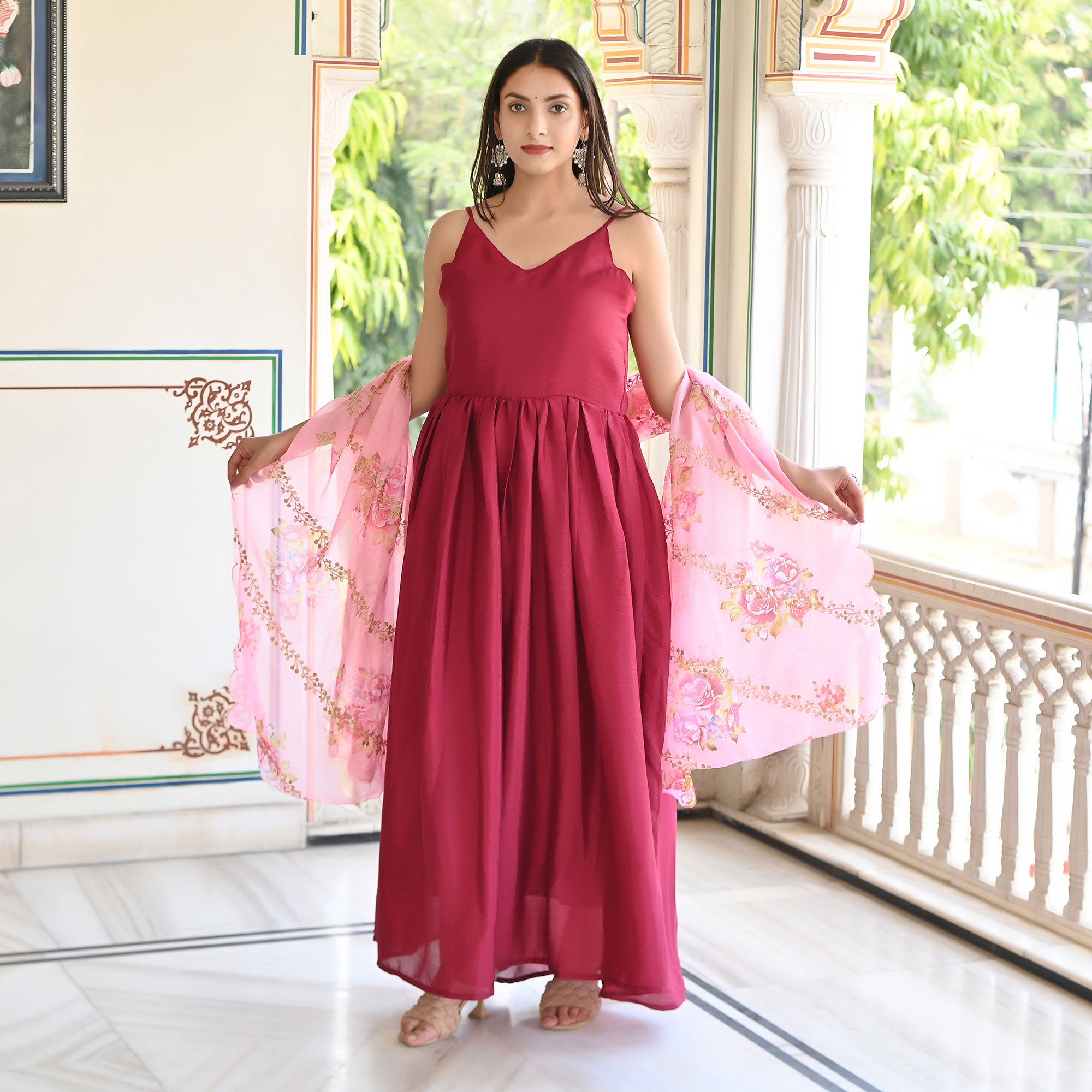 Pink Solid Chiffon Gown With Dupatta