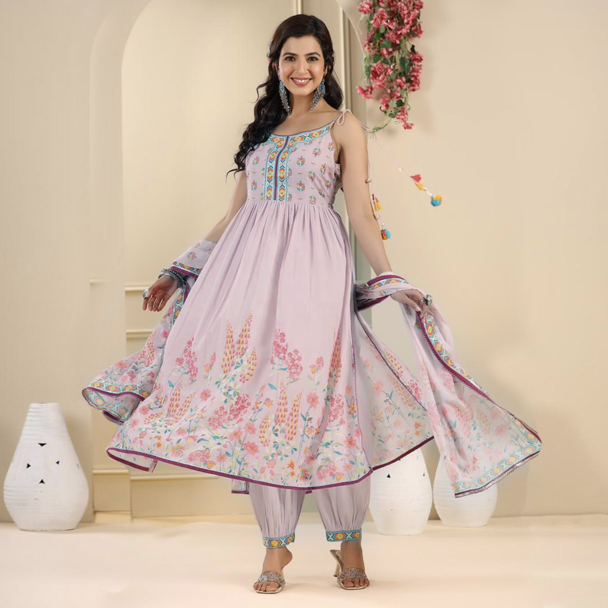 Lavender Floral Printed Pure Cotton Naira Cut Suit