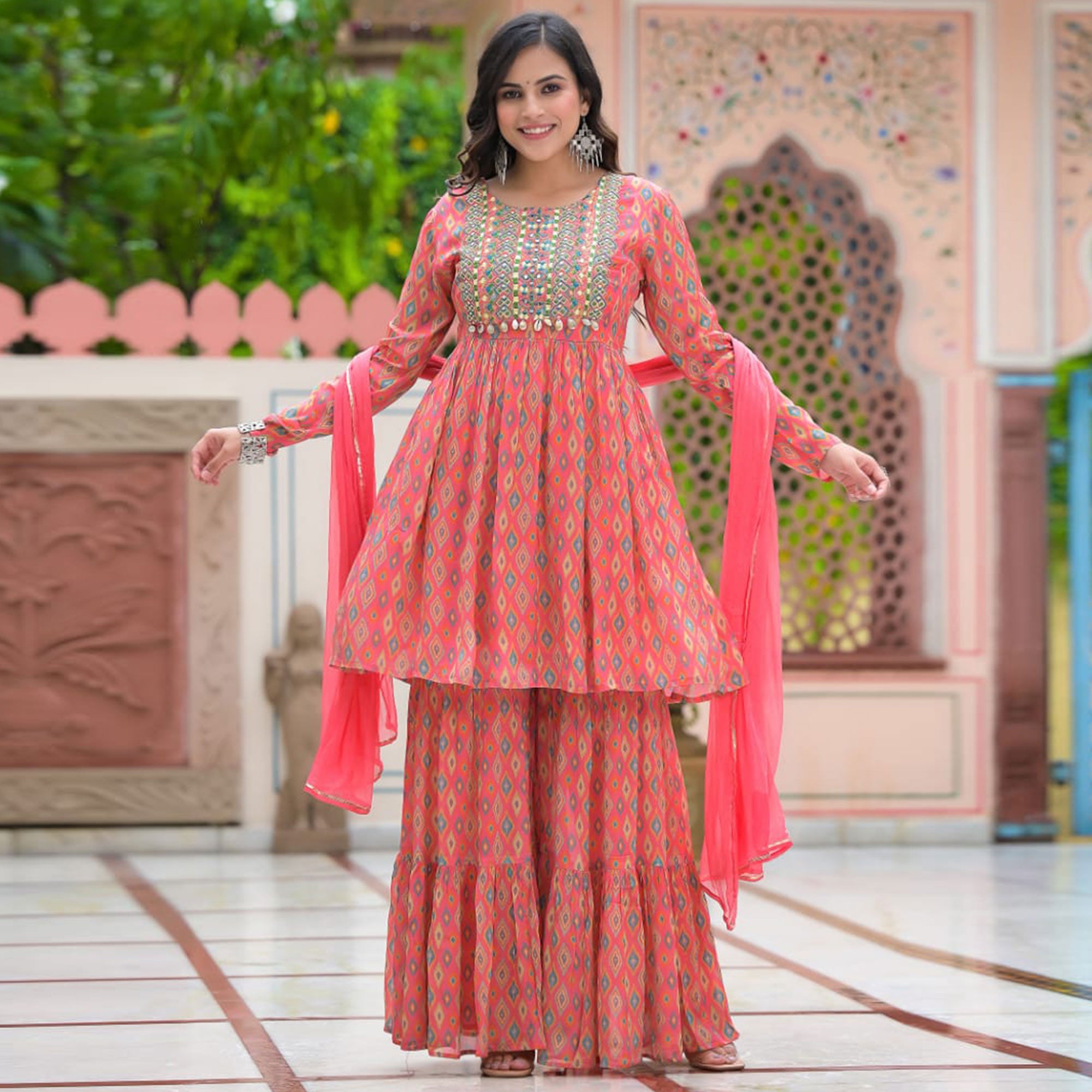 Pink Printed Chiffon Sharara Suit
