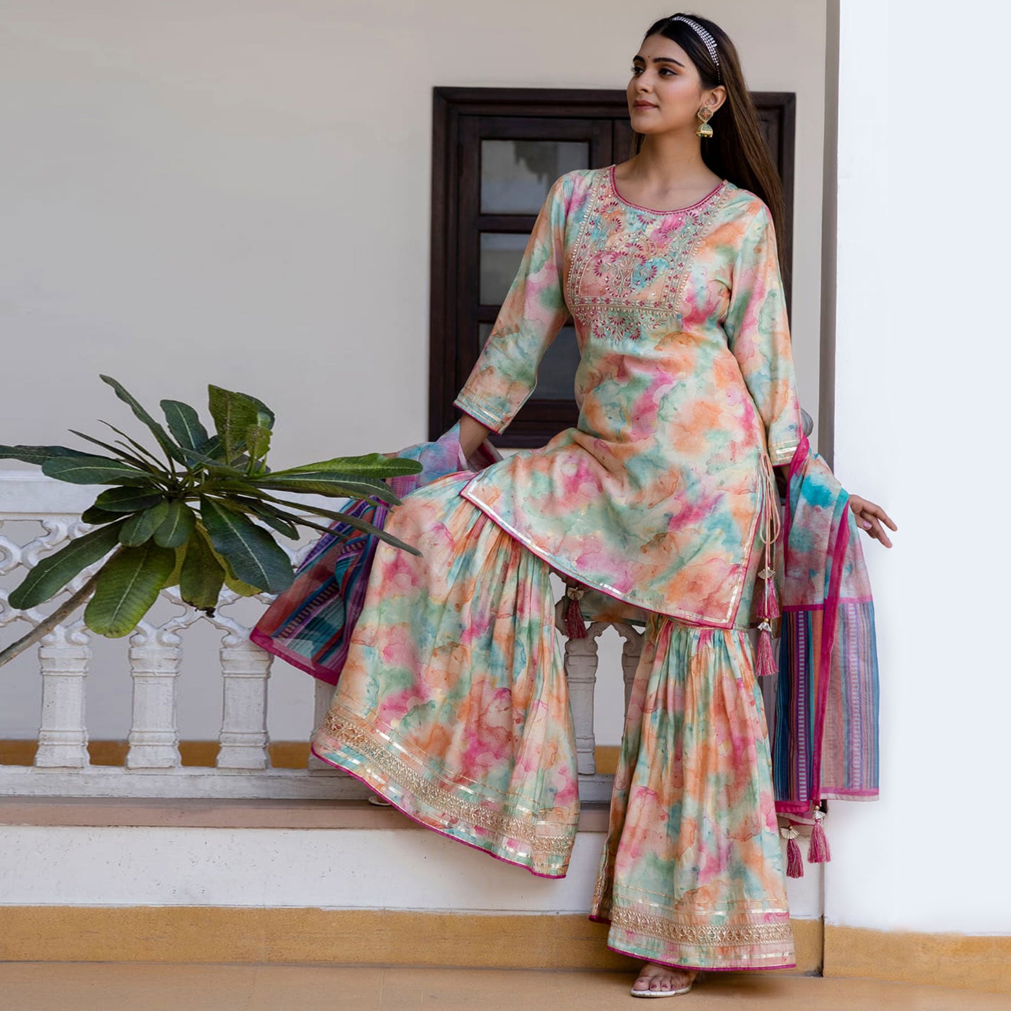 Multicolor Printed Muslin Sharara Suit
