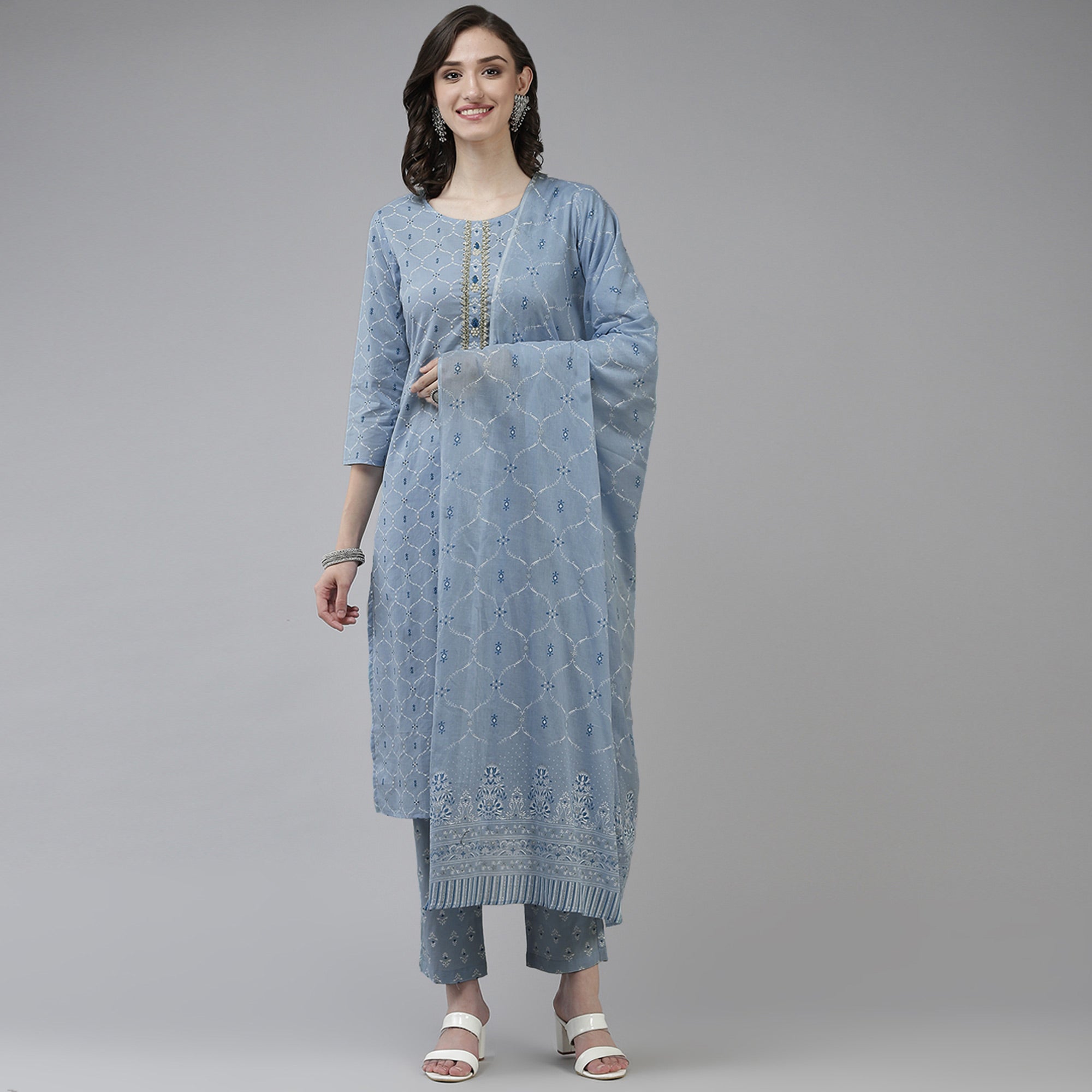 Blue Printed Pure Cotton Salwar Suit