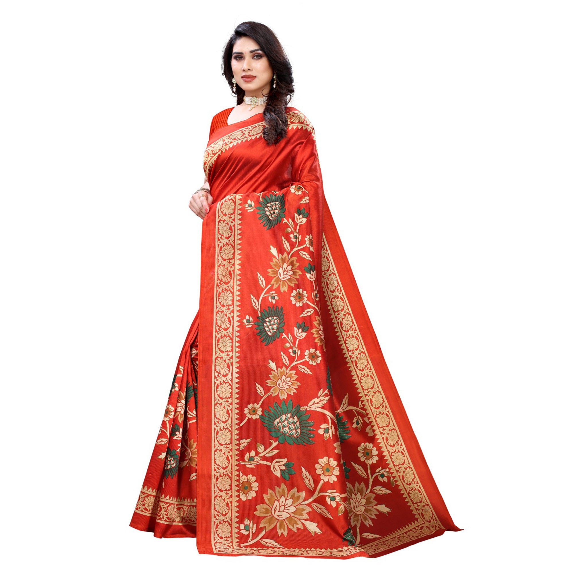 Red Floral Printed Art Silk Saree