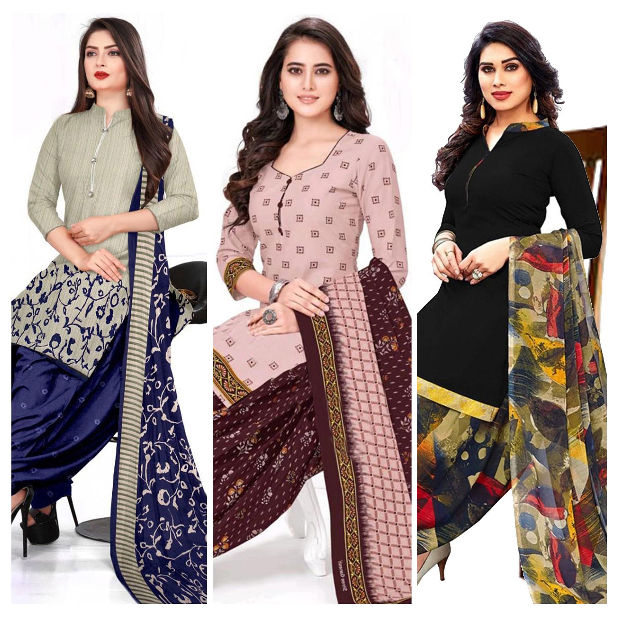 Multicolor Printed Leon & Crepe Patiala Dress Material Pack Of 3