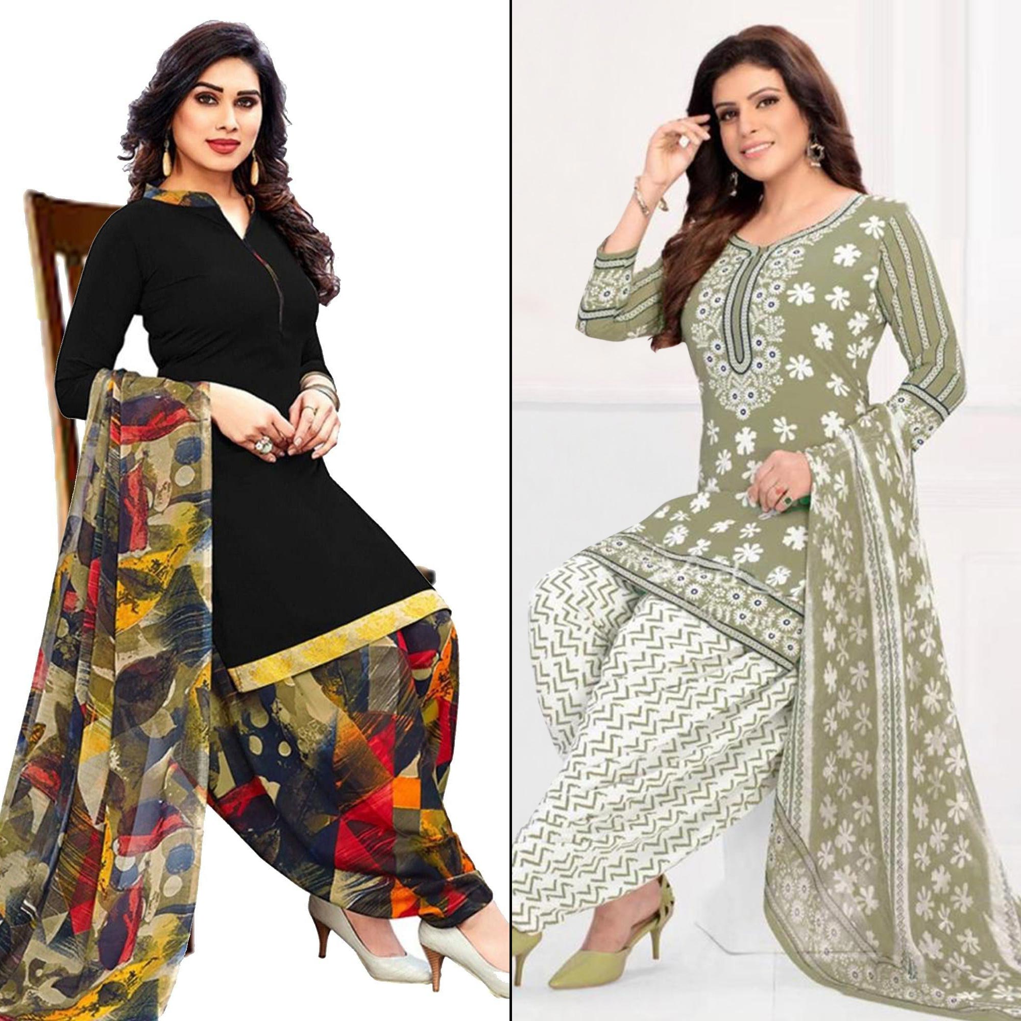 Black And Pastel Green Printed Leon & Crepe Patiala Dress Material Pack Of 2