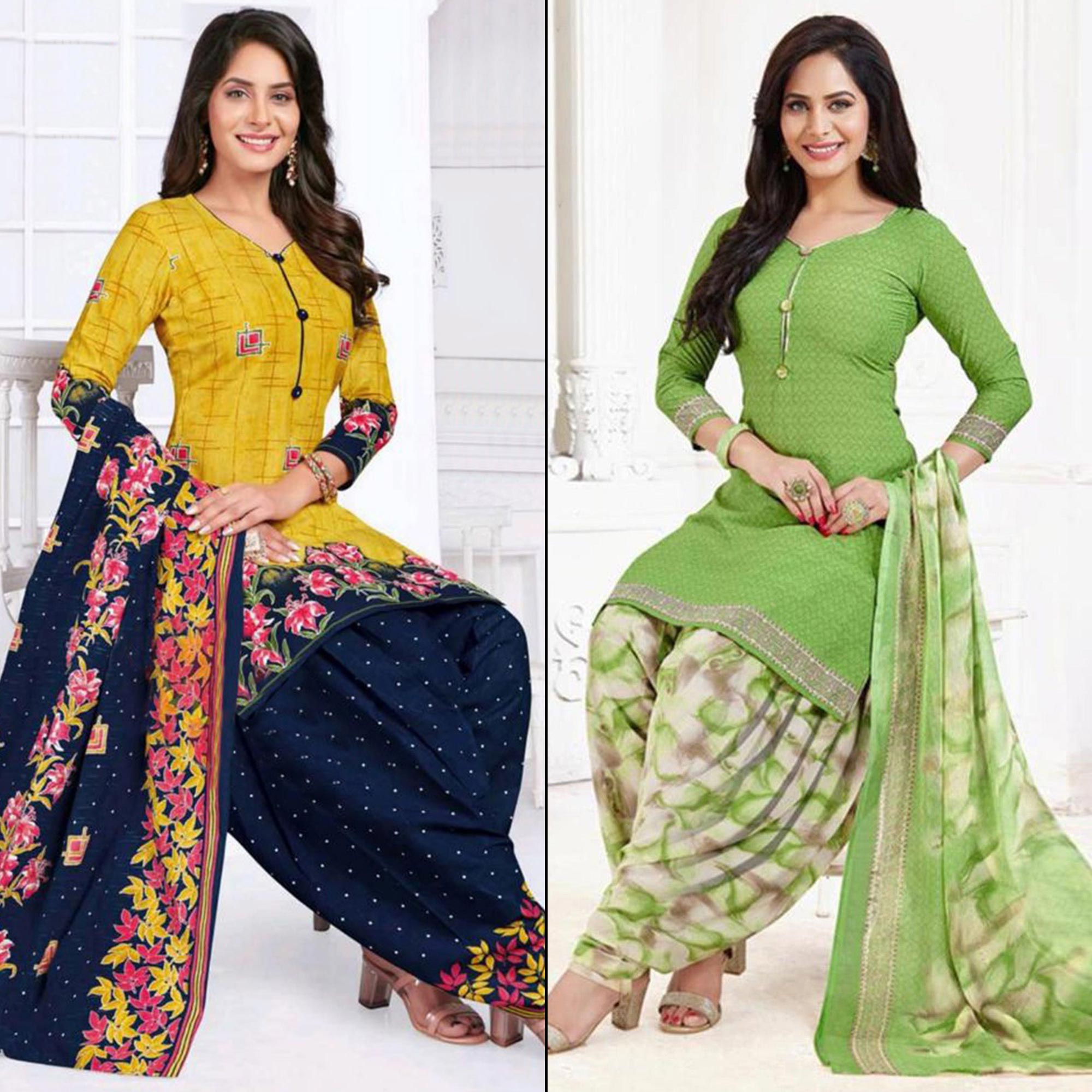 Yellow And Green Printed Crepe & Leon Patiala Dress Material Pack Of 2