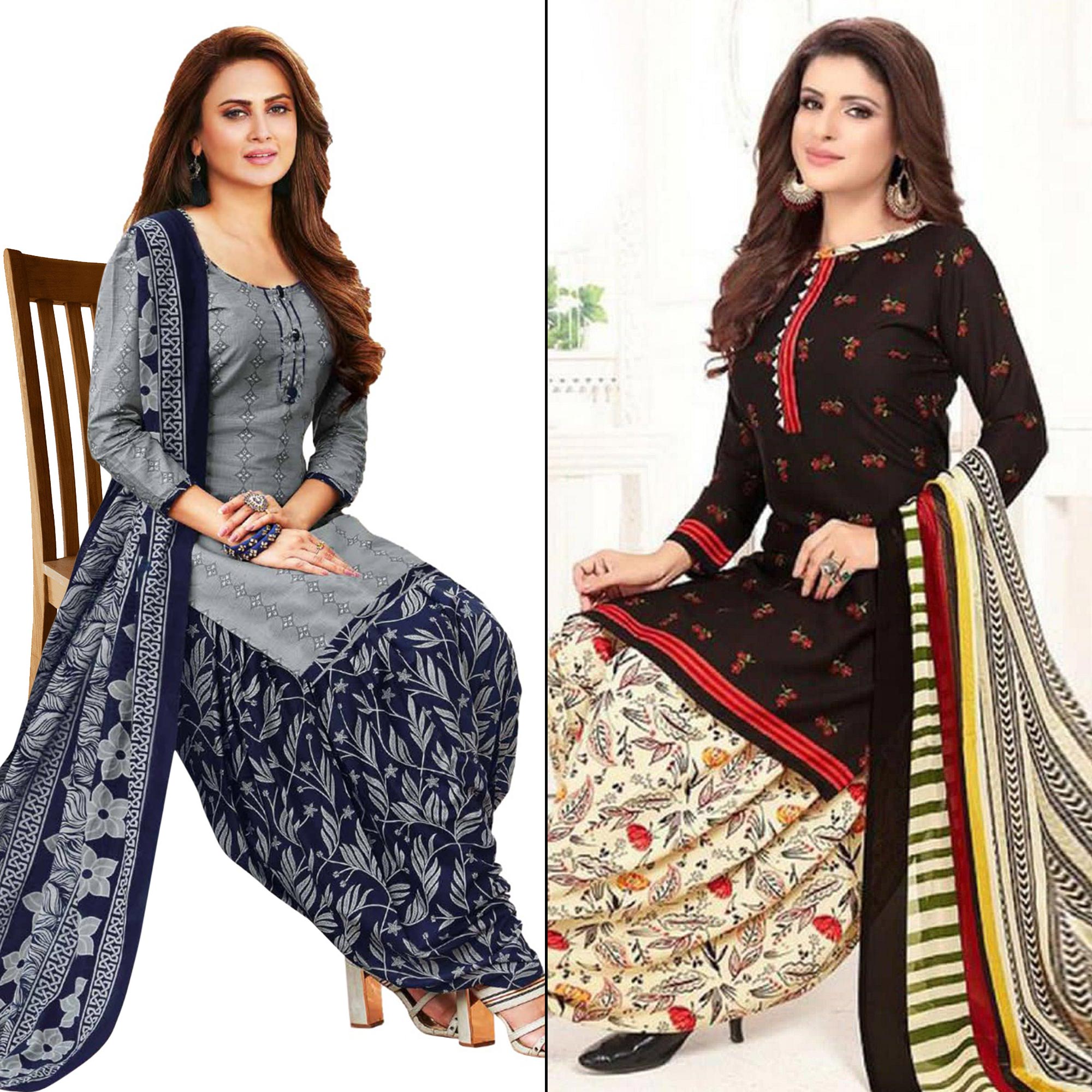 Grey And Dark Brown Printed Crepe & Leon Patiala Dress Material Pack Of 2