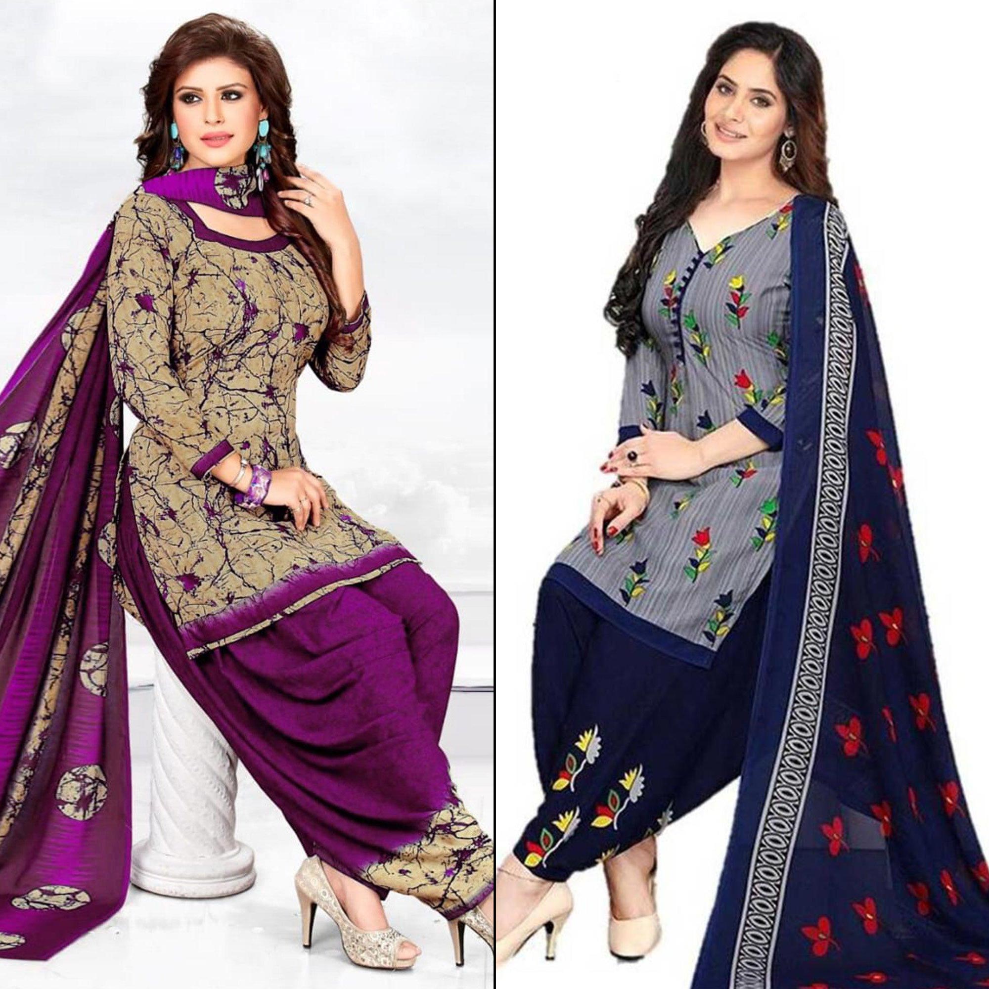 Beige And Grey Printed Crepe & Leon Patiala Dress Material Pack Of 2