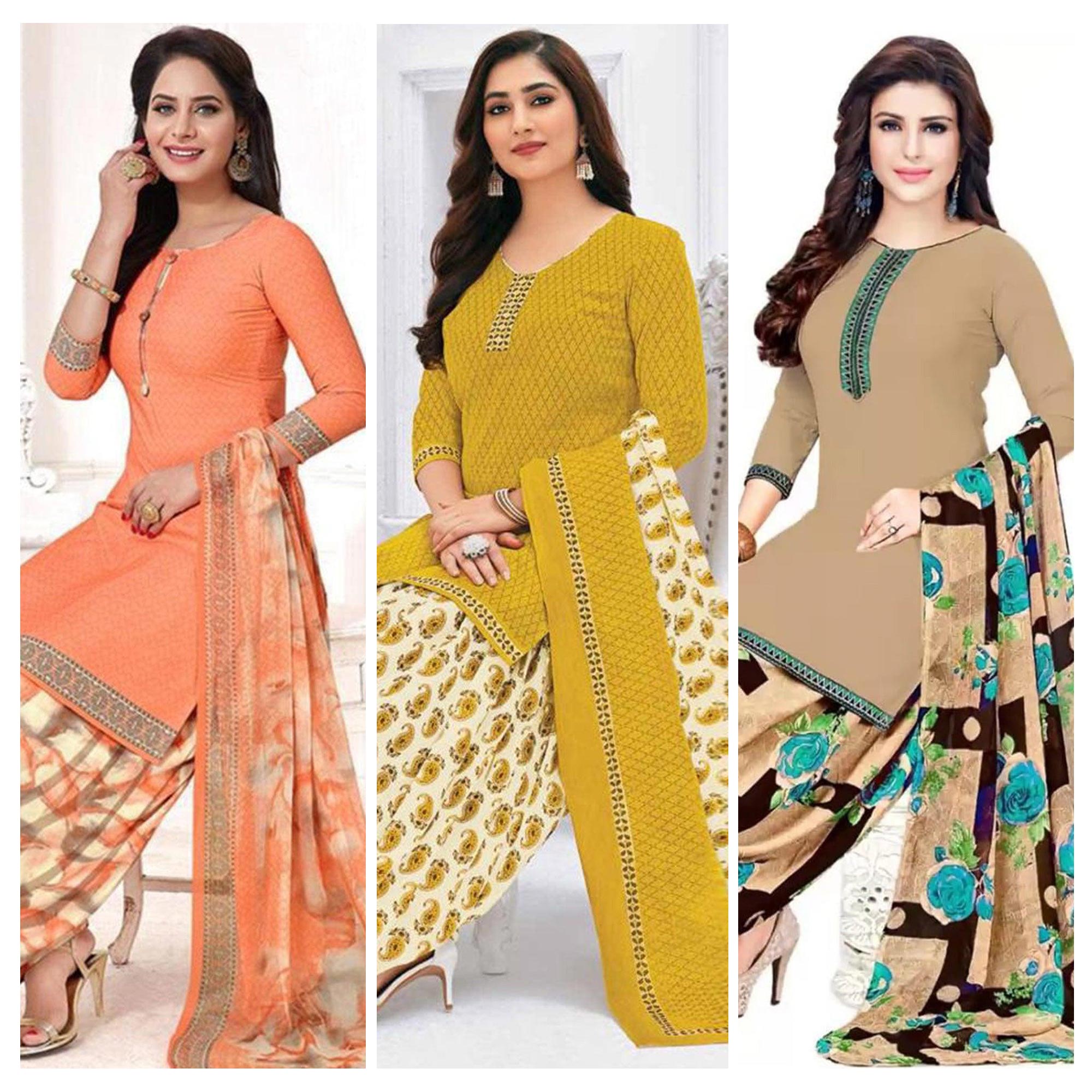 Multicolor Printed Leon & Crepe Patiala Dress Material Pack Of 3