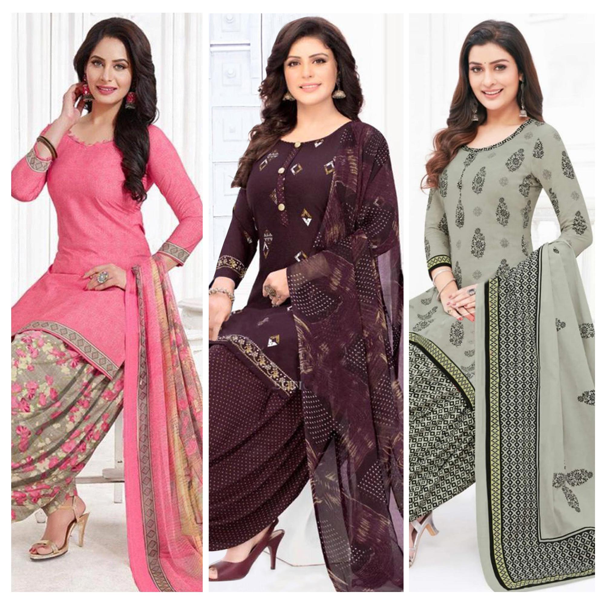 Multicolor Printed Leon & Crepe Patiala Dress Material Pack Of 3