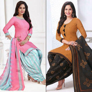 Pink And Orange Printed Leon Patiala Dress Material Pack Of 2