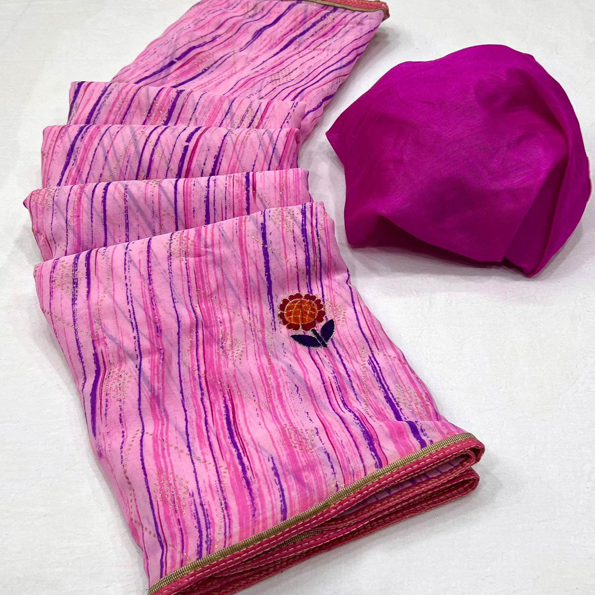 Pink Printed Raw Silk Saree With Fancy Border