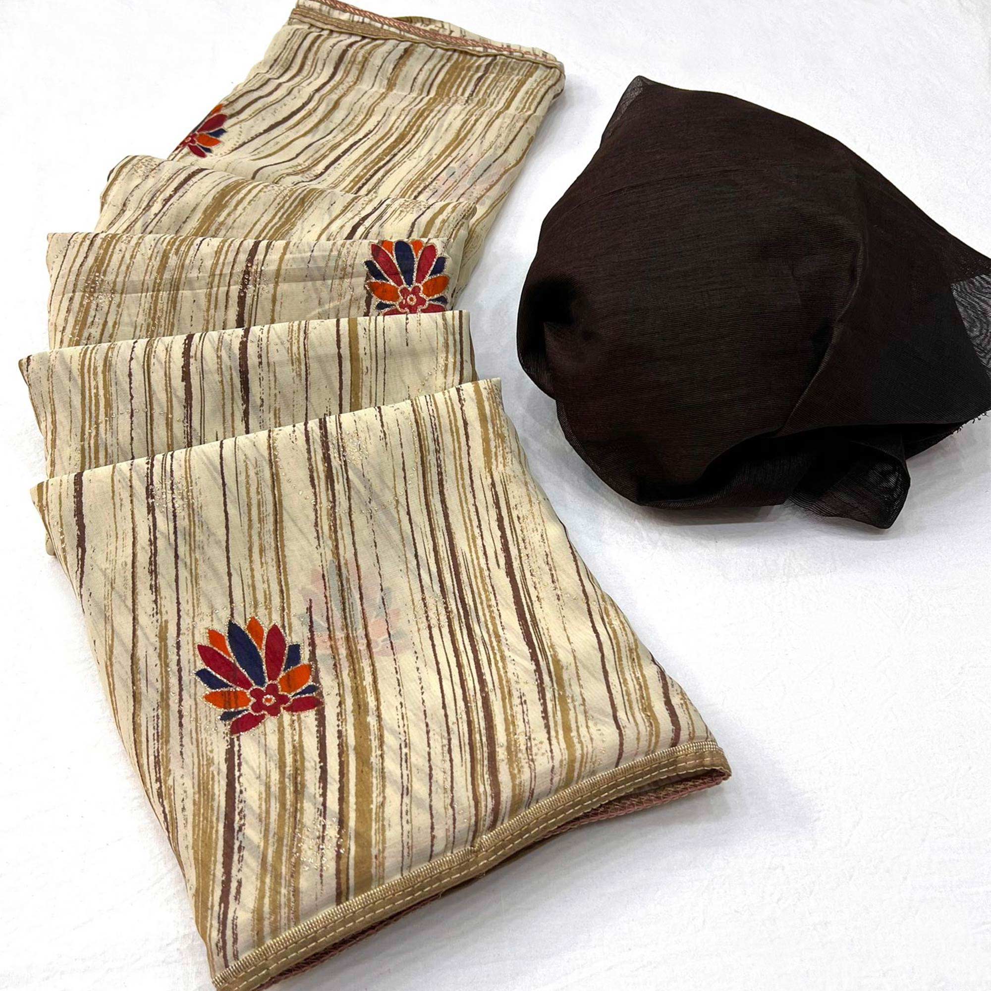 Coffee-Brown Printed Raw Silk Saree With Fancy Border