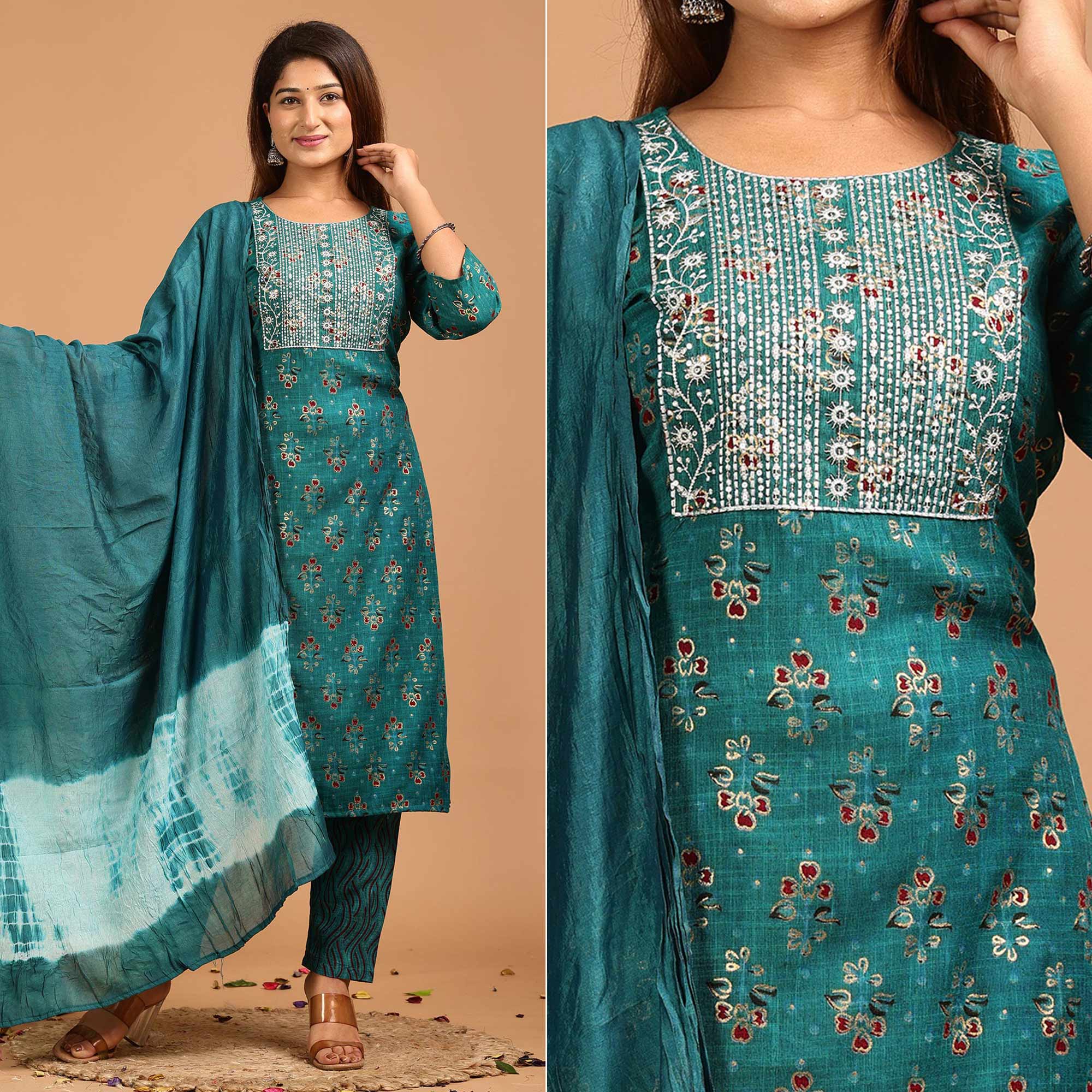 Morpich Printed With Embroidered Rayon Salwar Suit