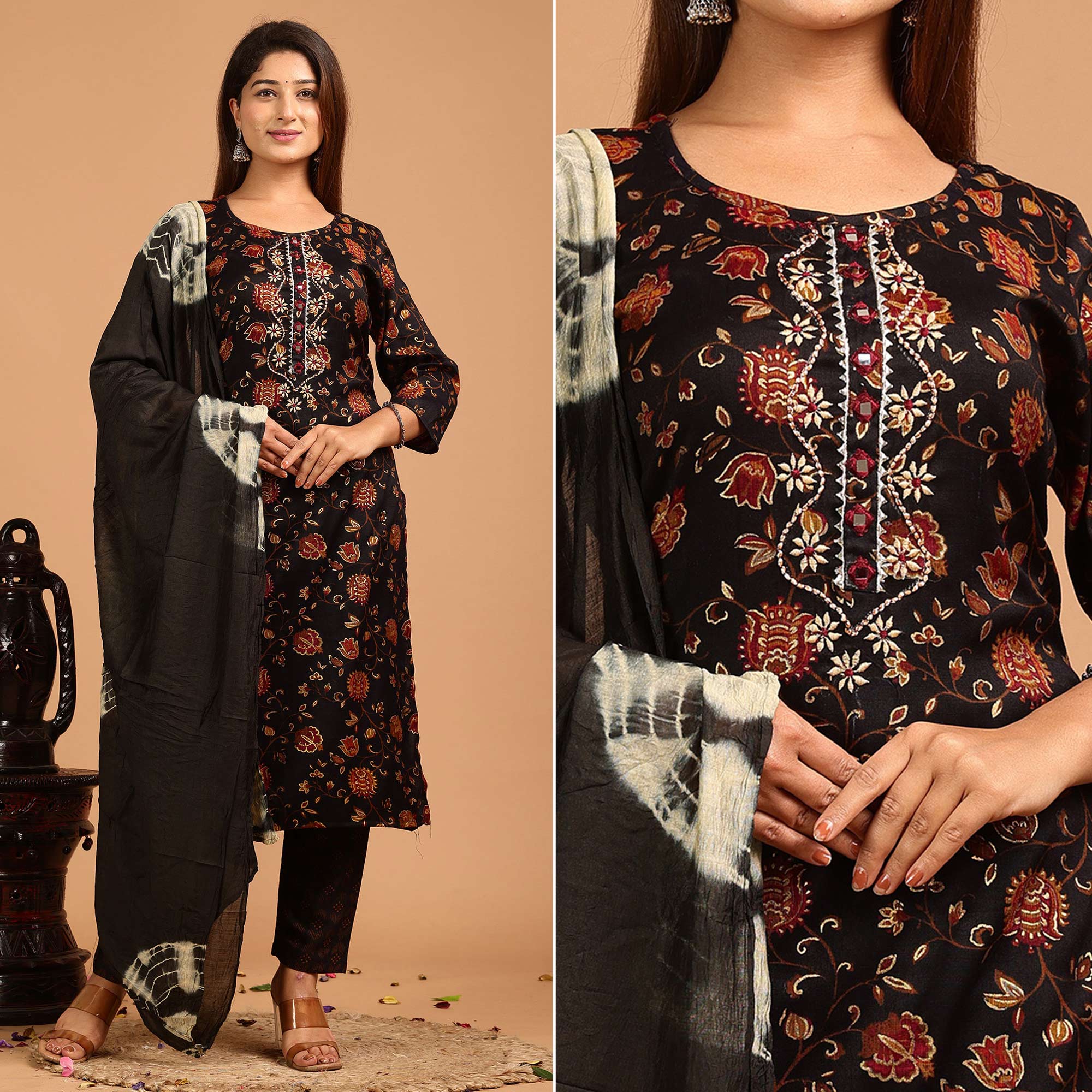 Black Printed With Embroidered Rayon Salwar Suit
