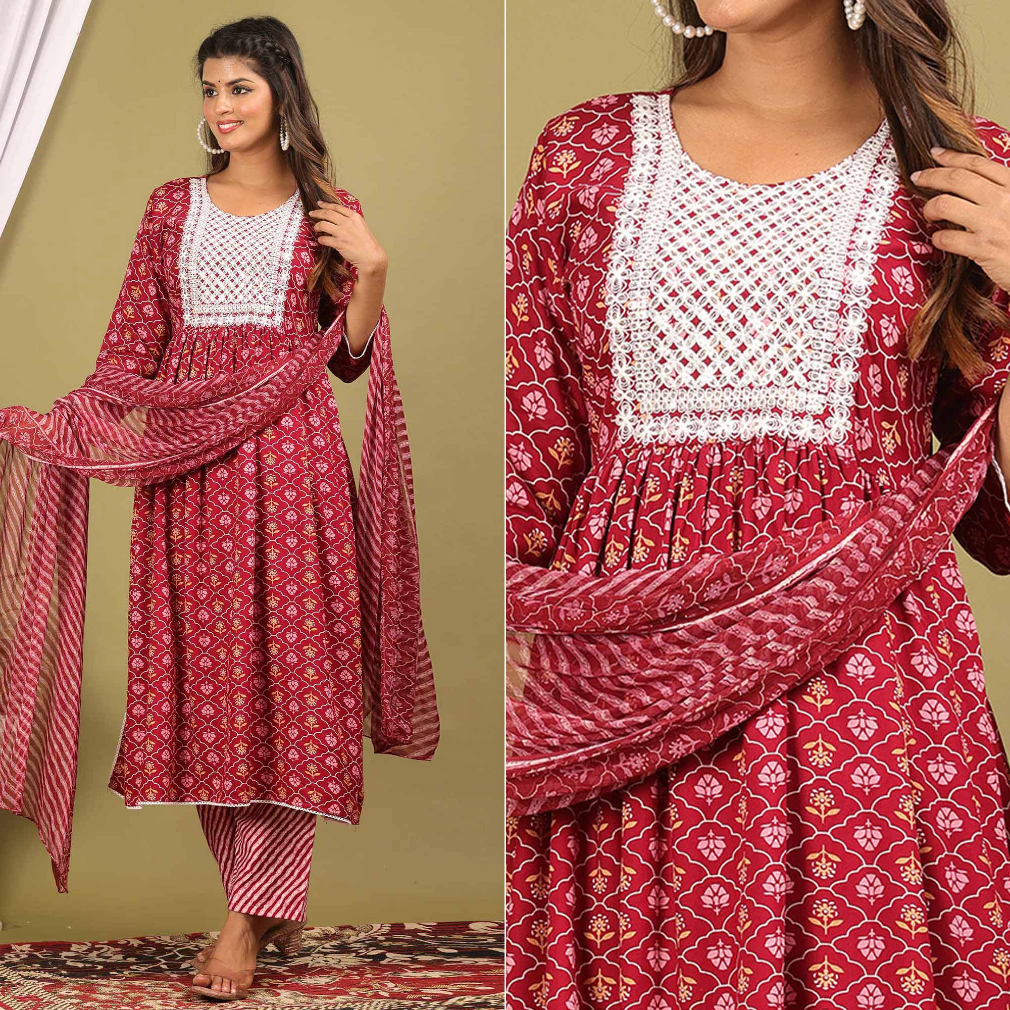 Maroon Printed With Embroidered Rayon Naira Cut Suit