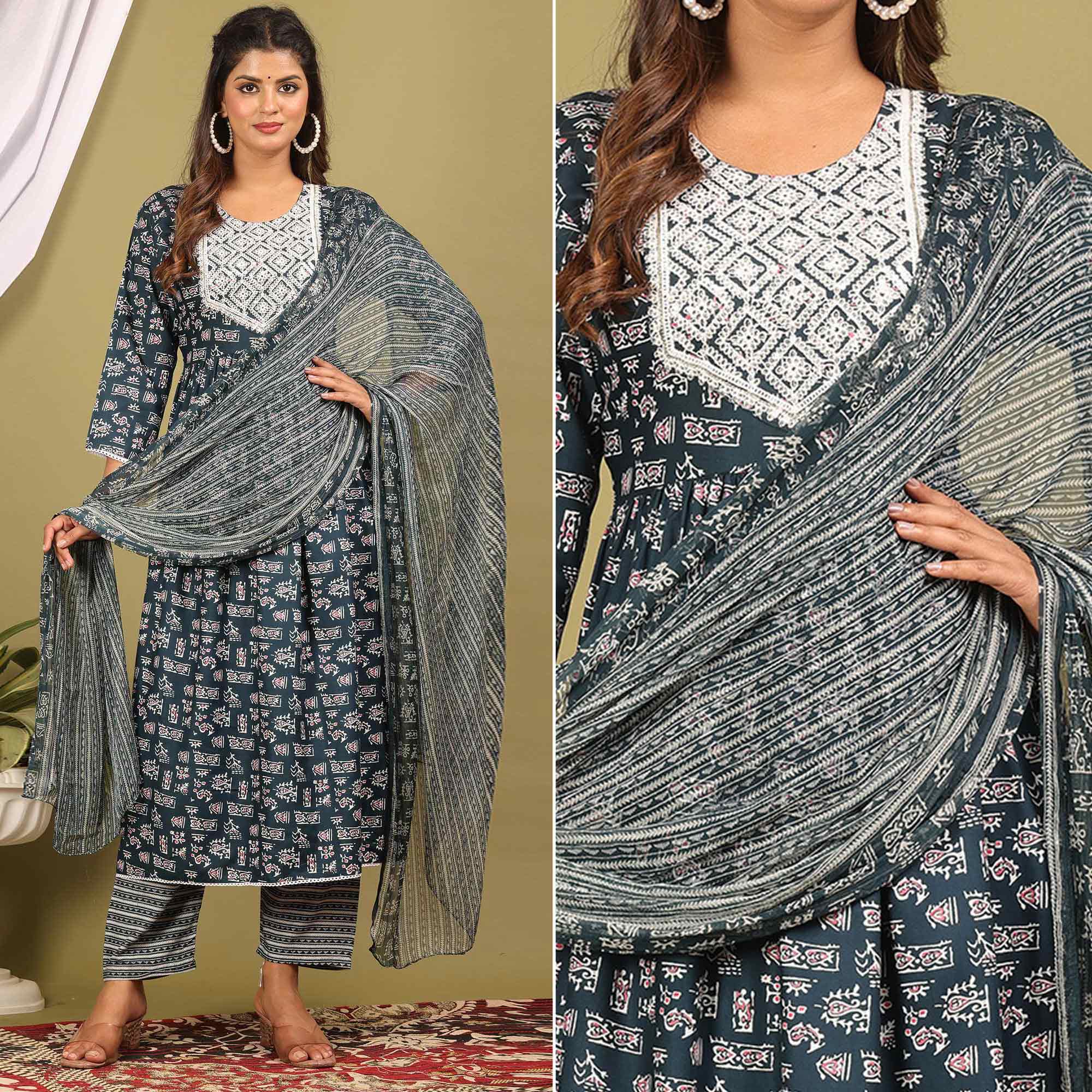 Blue Printed With Embroidered Rayon Naira Cut Suit