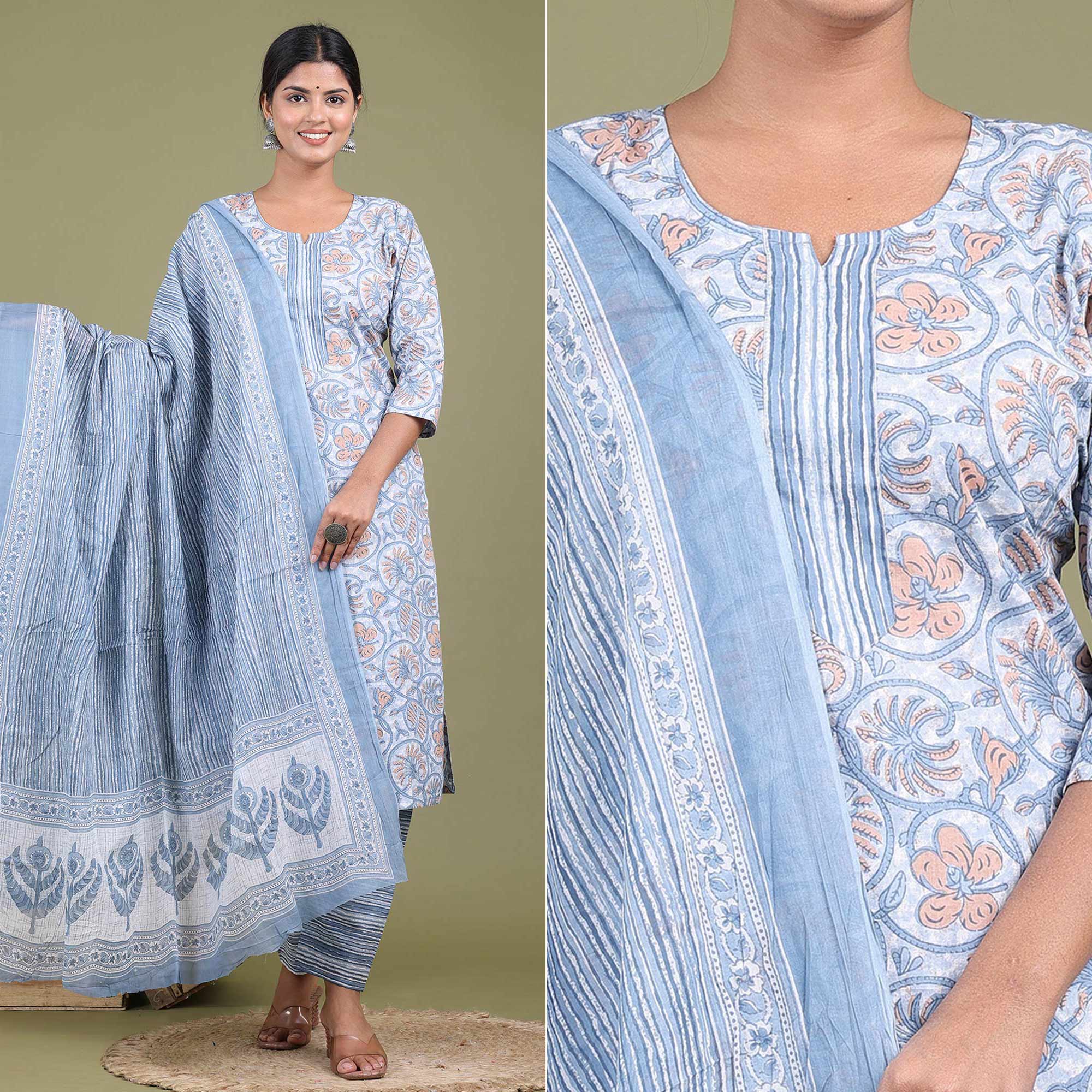 Light Blue Floral Printed Pure Cotton Suit