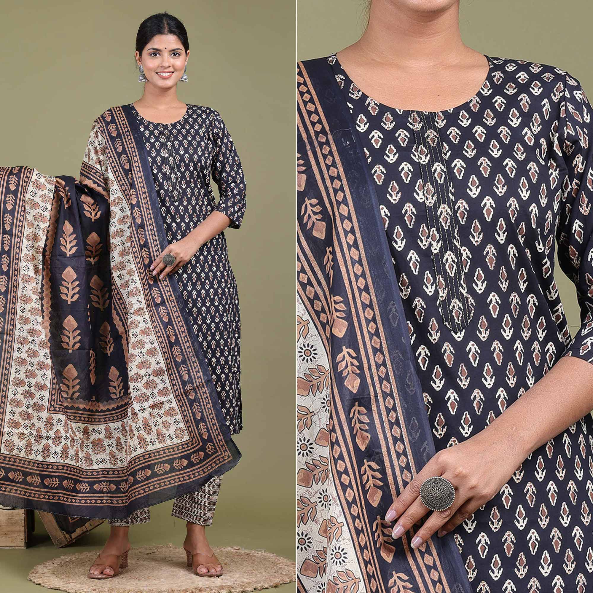 Navy Blue Floral Printed Pure Cotton Suit