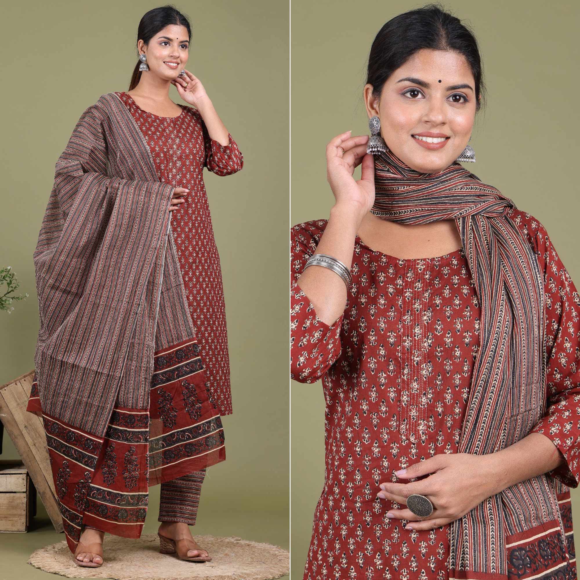 Maroon Floral Printed Pure Cotton Suit