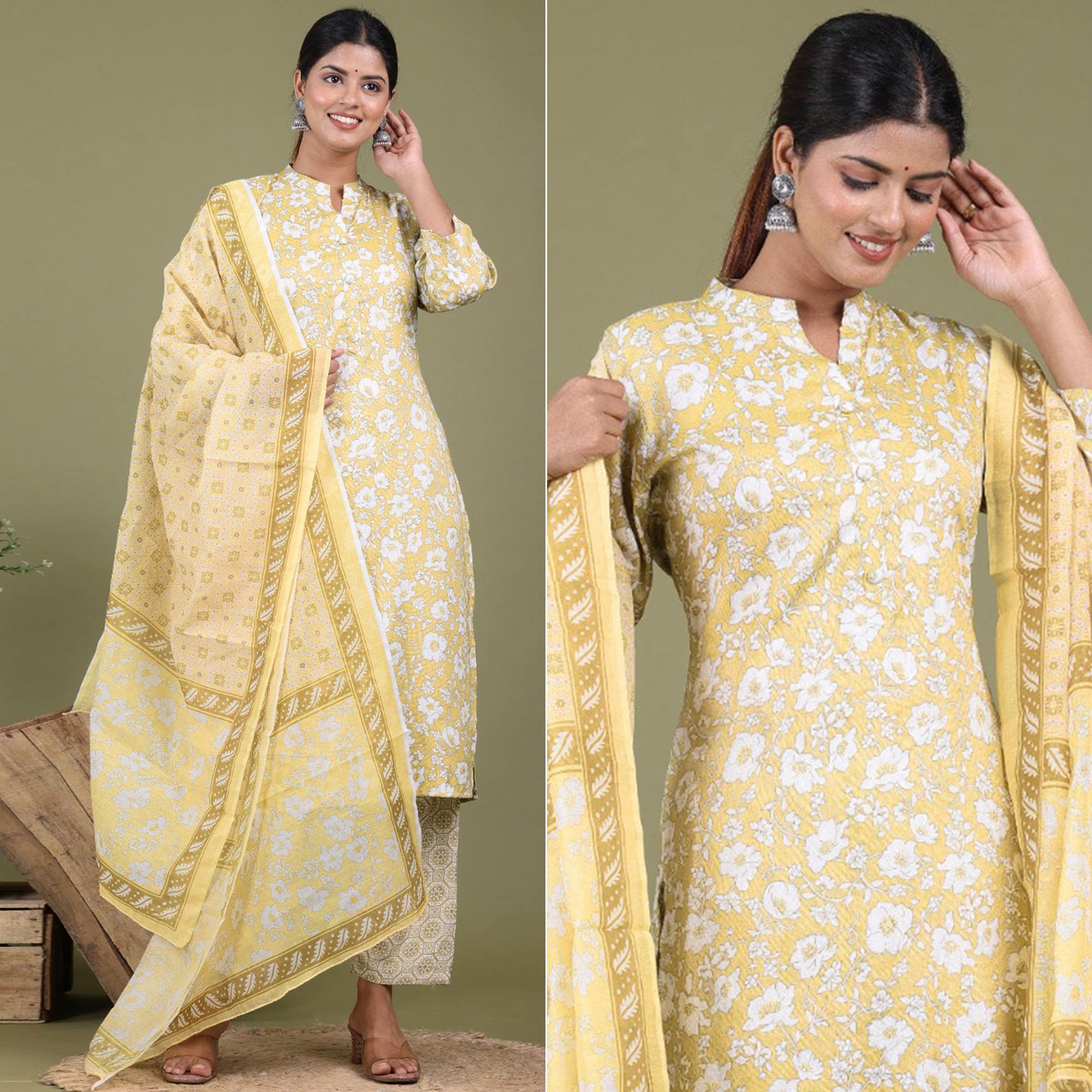 Yellow Floral Foil Printed Rayon Suit