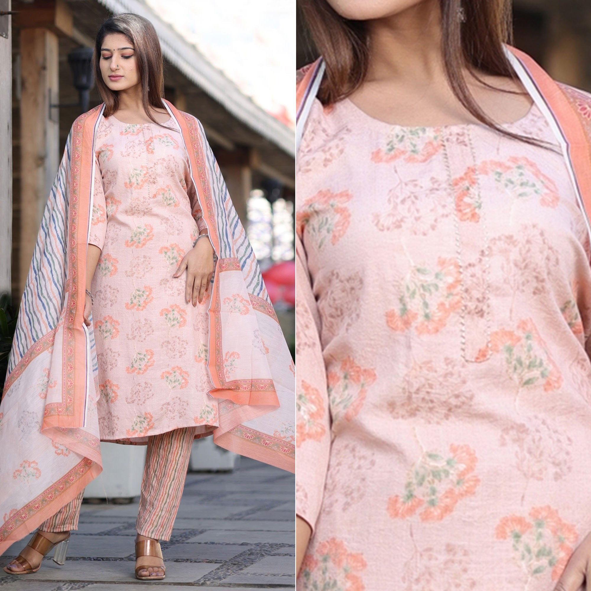 Peach Floral Foil Printed Rayon Suit