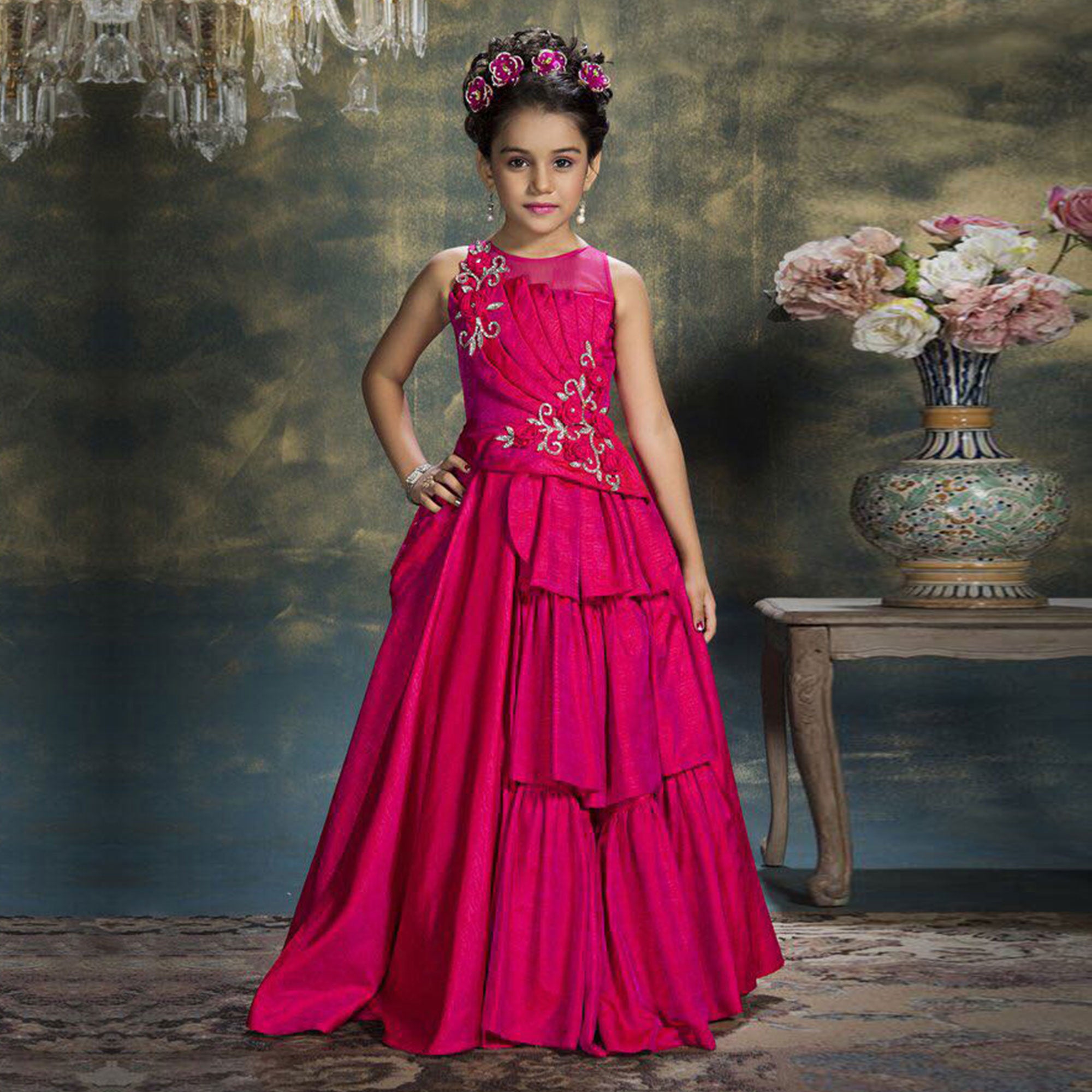 Rose Pink Embroidered Art Silk Gown For Kids